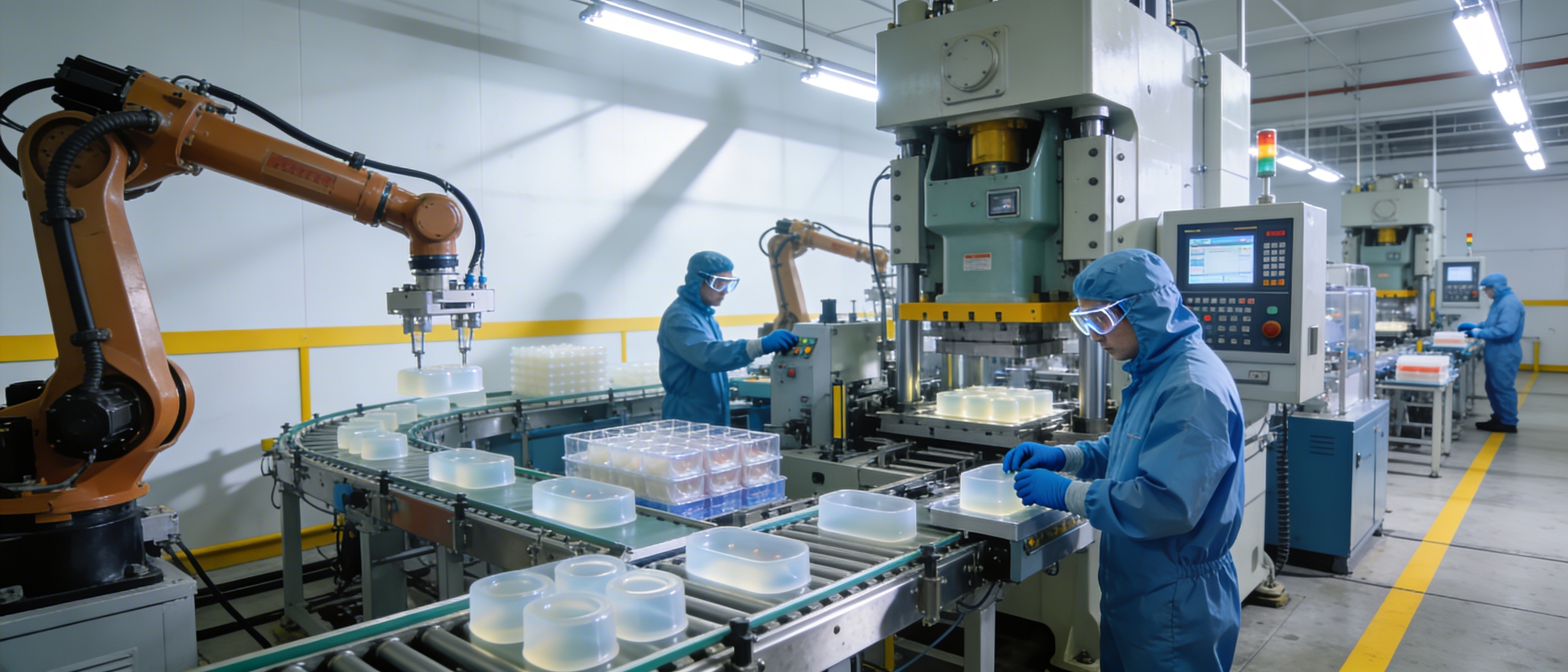 Silicone compression molding machine producing high-volume gaskets in a factory