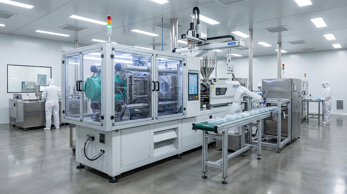 A cleanroom facility features advanced machinery for the precision injection molding of heat-resistant silicone components.