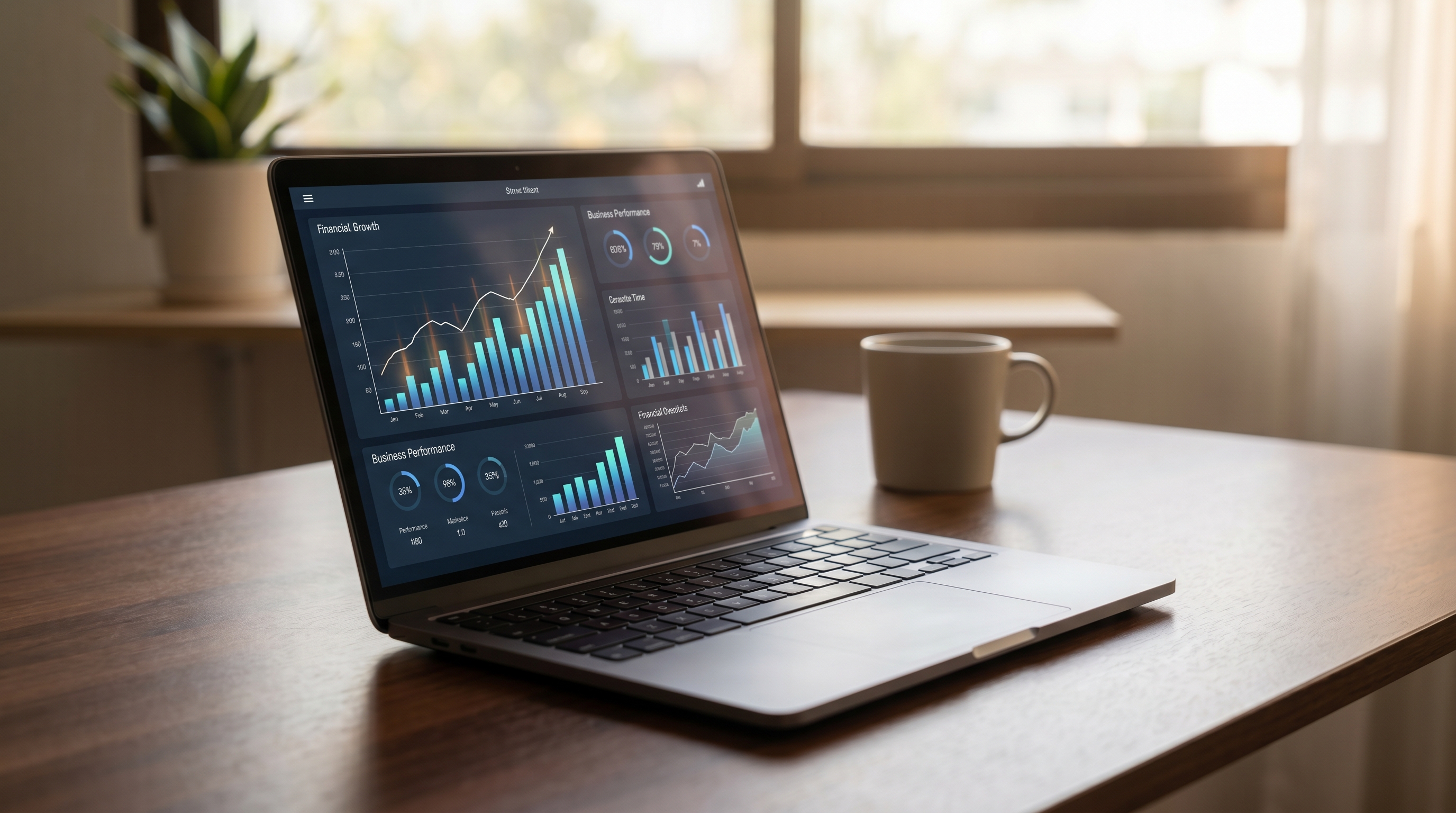 Clean workstation with laptop showing financial graphs and analytics