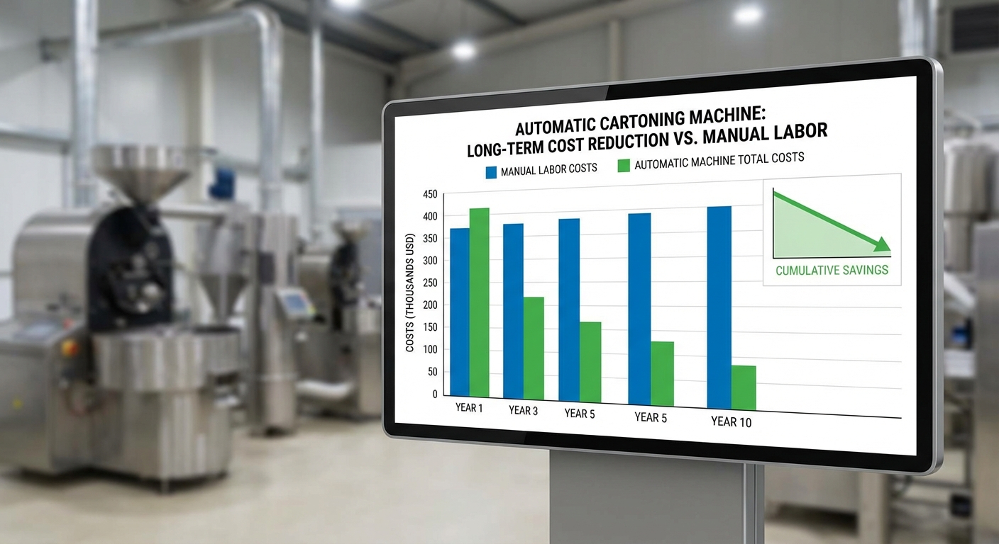 A bar graph showing the dramatic reduction in labor costs over time when switching to an automatic cartoning machine.