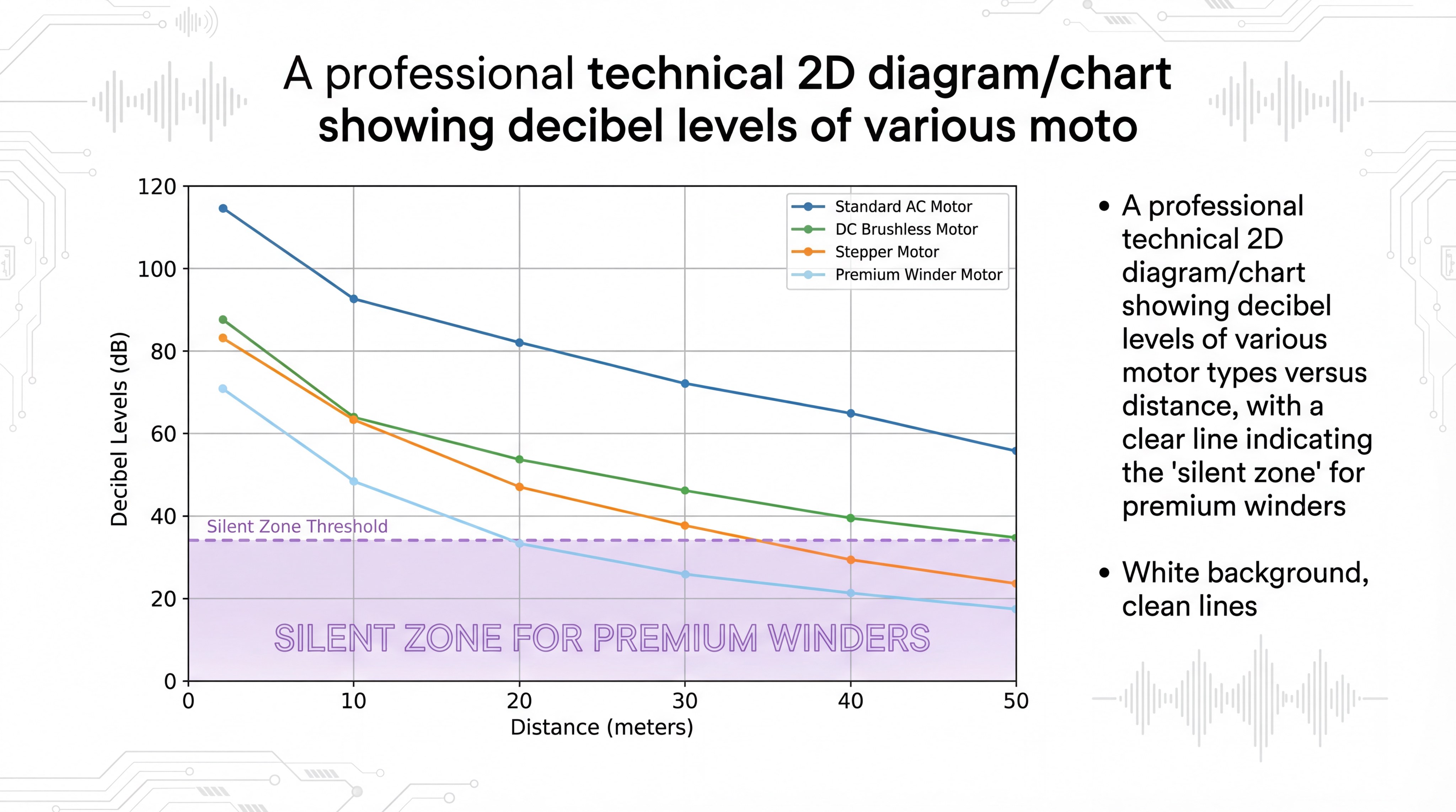A professional technical 2D diagram/chart showing decibel levels of various motor types versus distance, with a clear line indicating the 'silent zone' for premium winders