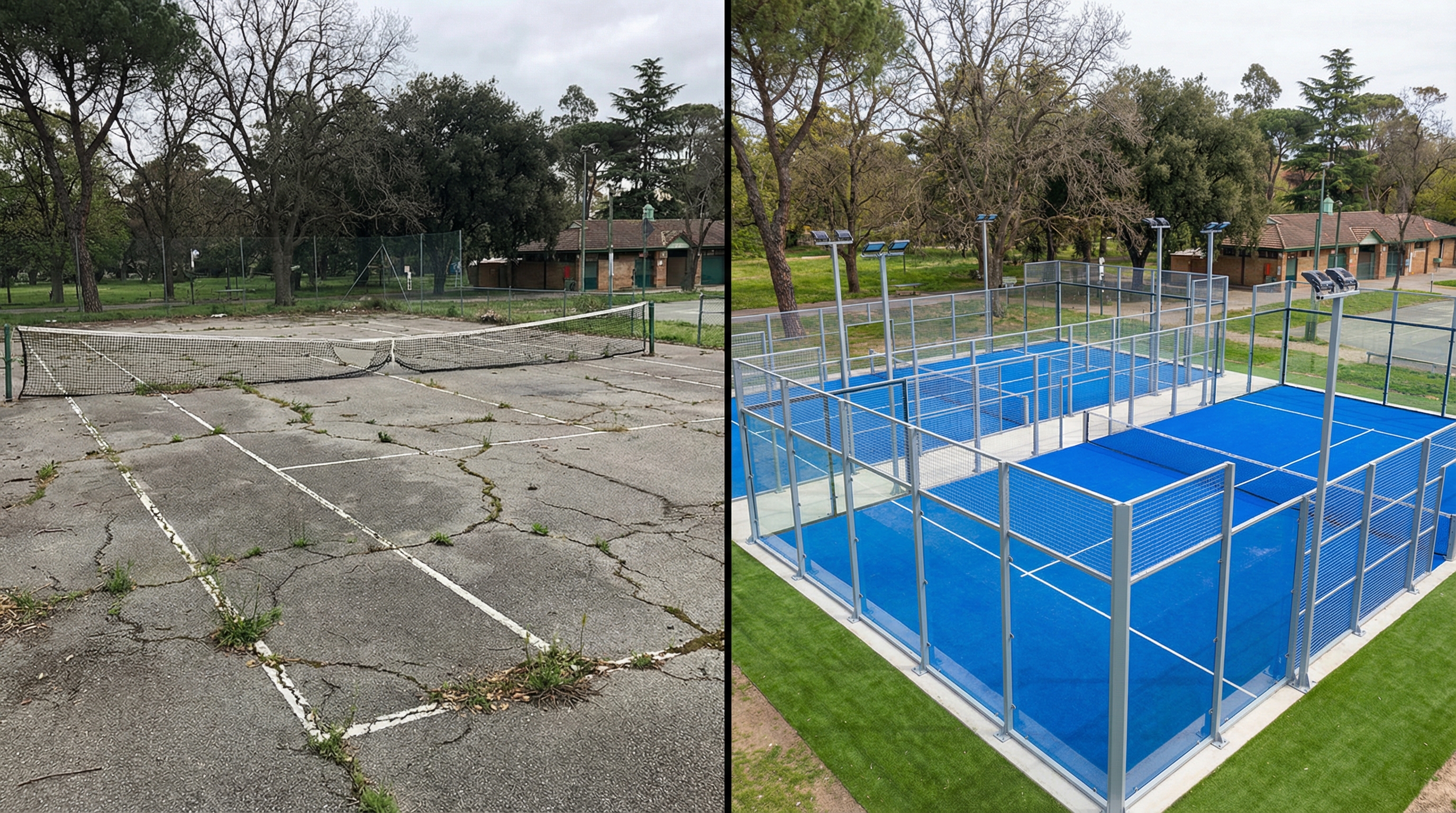 A photorealistic split-screen image: the left side shows a cracked, old tennis court; the right side shows three modern blue-turf padel courts in the same space.