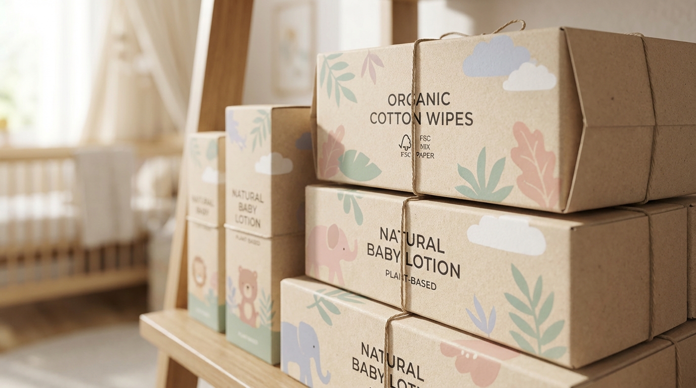 Modern, eco-friendly retail packaging for baby products stacked neatly, featuring clean typography and soft pastel designs.