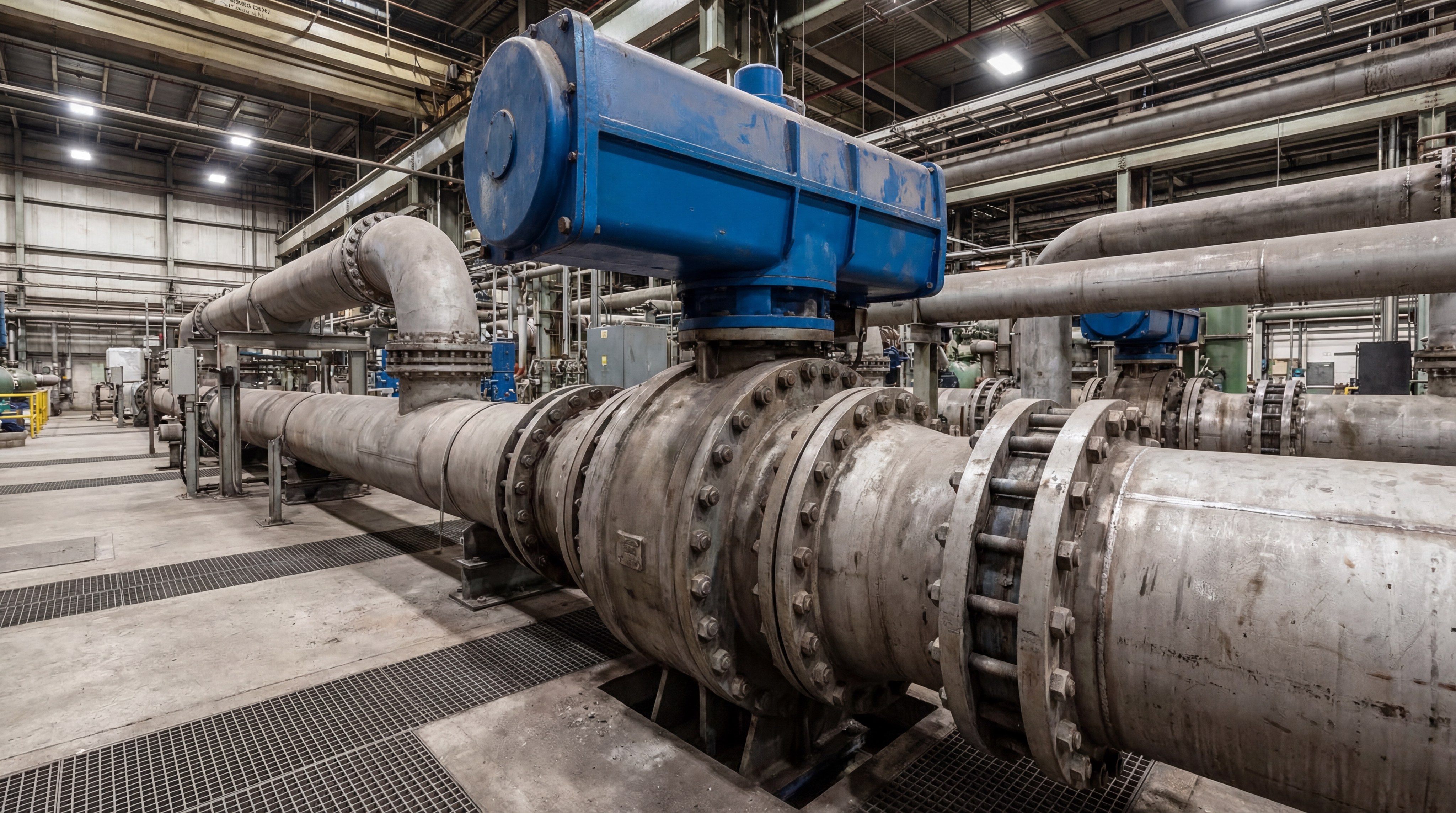 Large scale industrial butterfly valve installation in a piping system