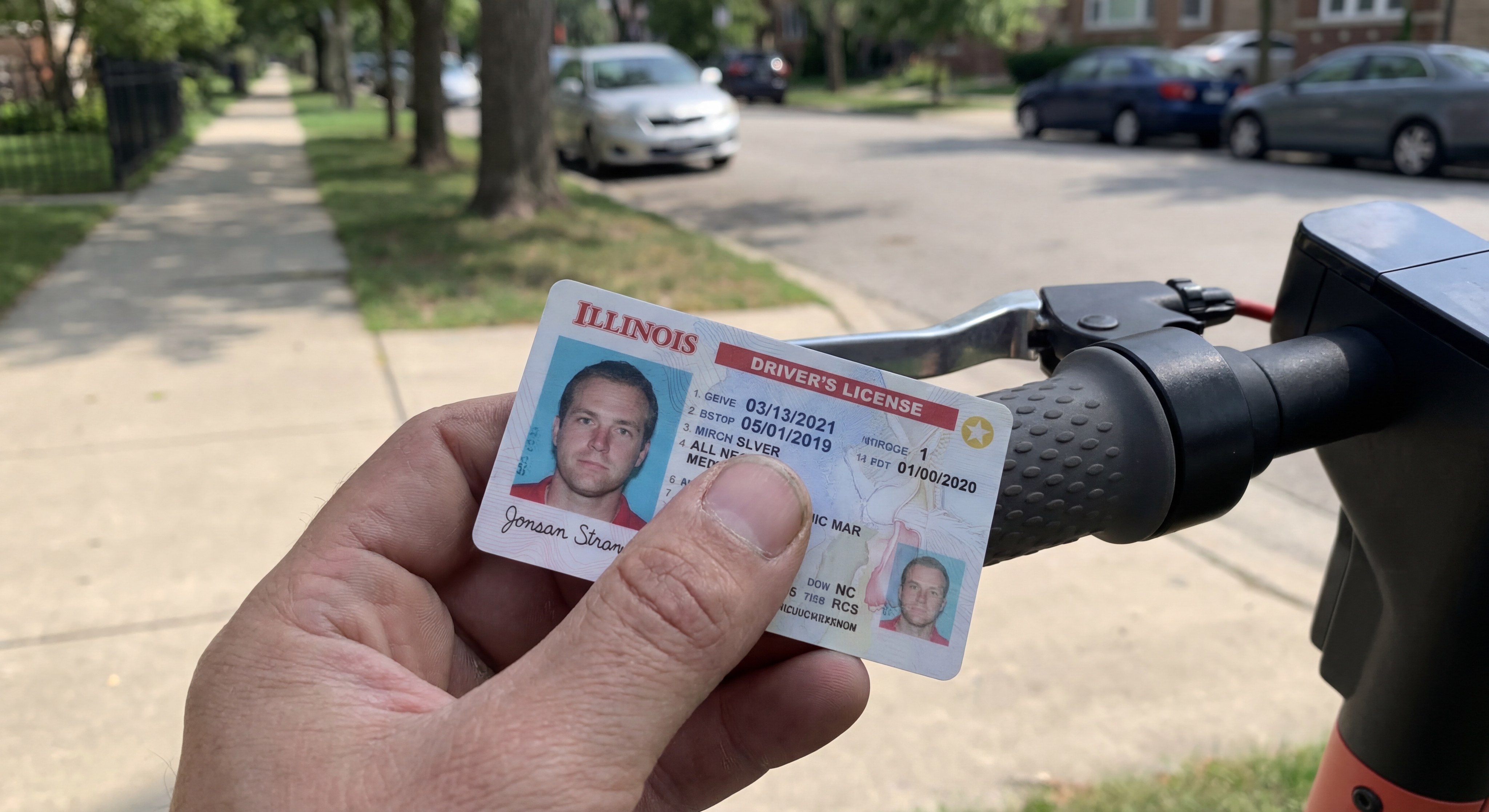 Person holding an Illinois drivers license next to an electric scooter