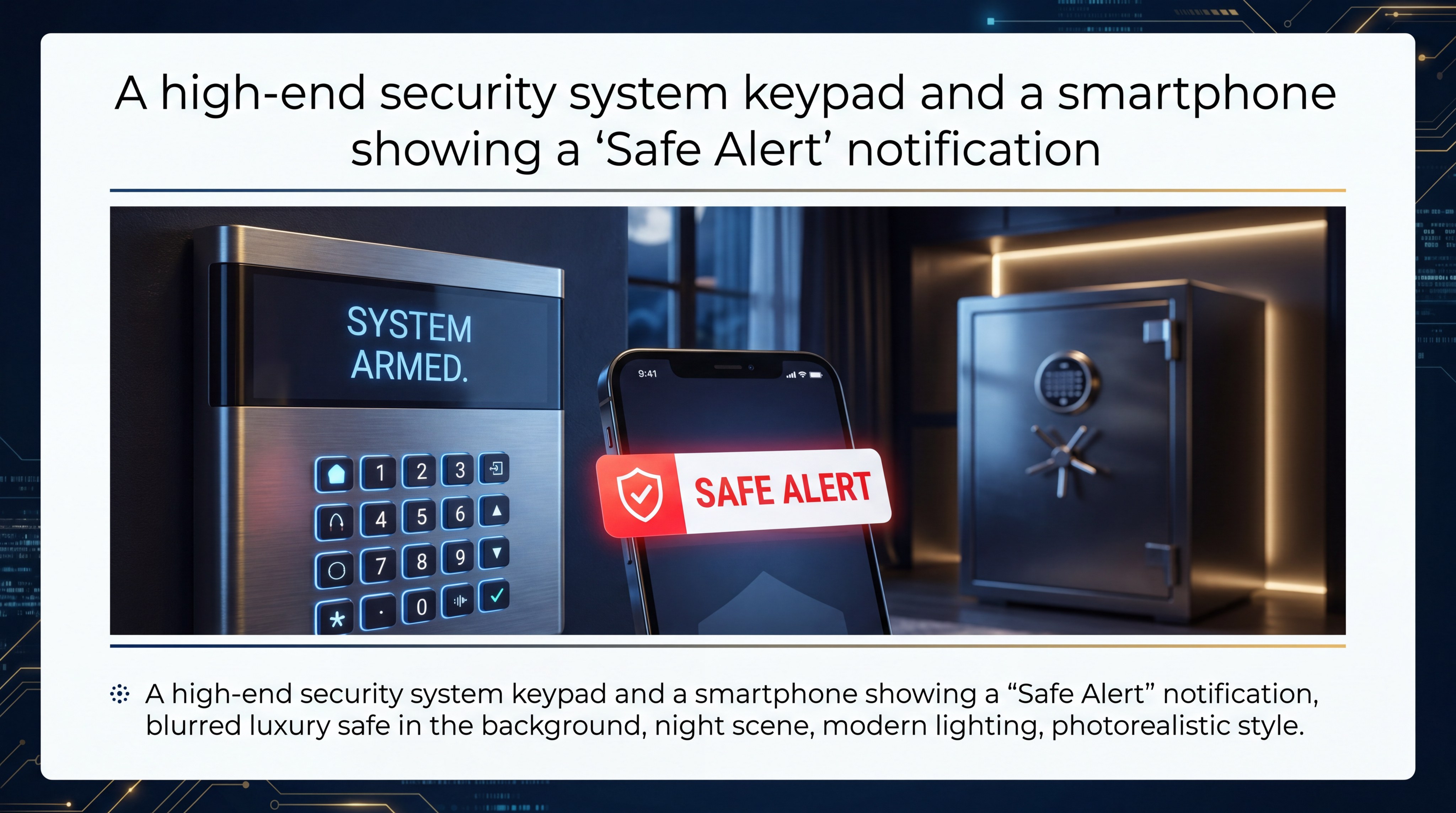 A smartphone screen showing a security app notification "Safe Tamper Alert," with a blurred luxury safe and security camera in the background