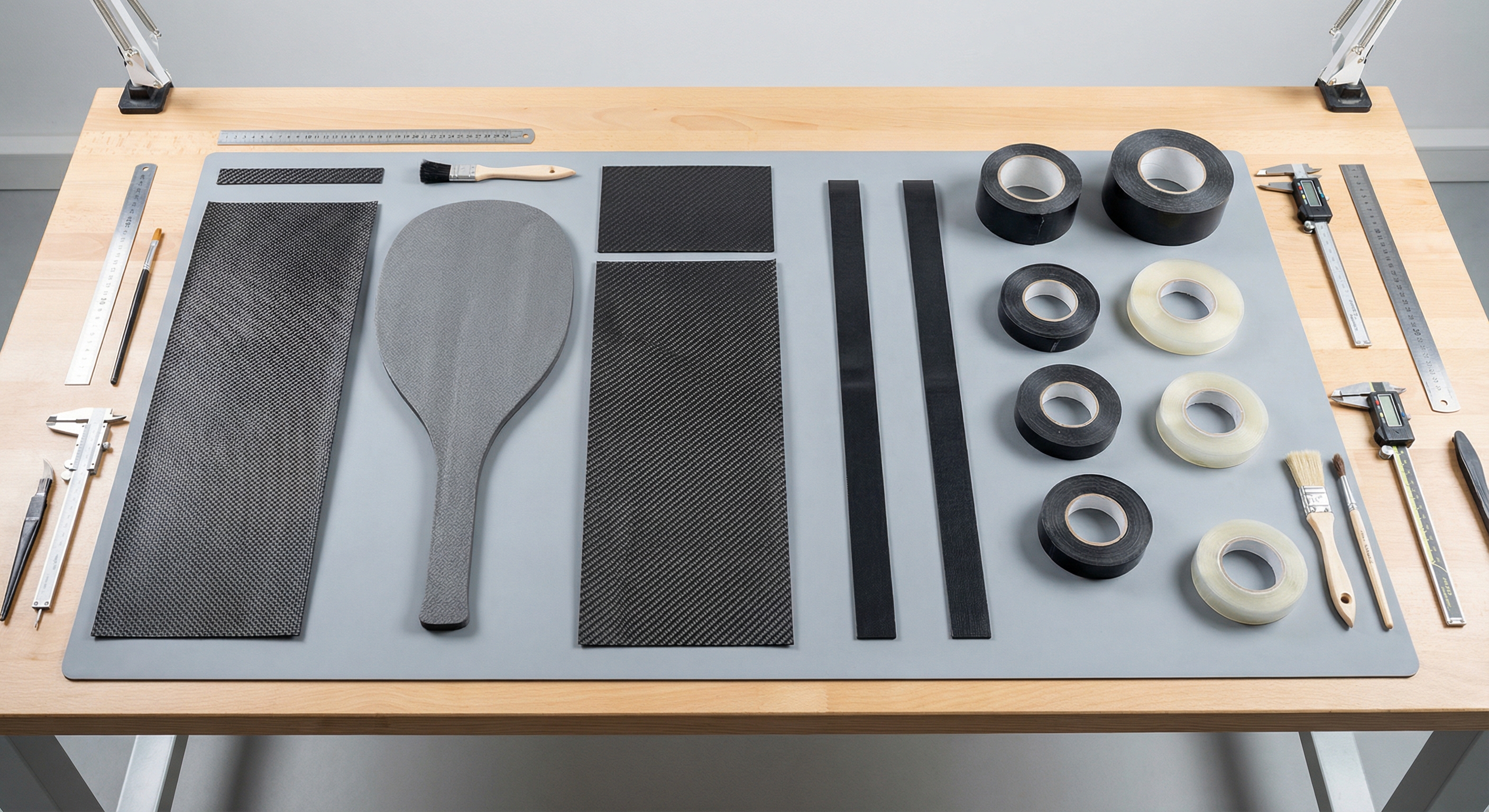 An exploded view of racket components: frame, core, and face