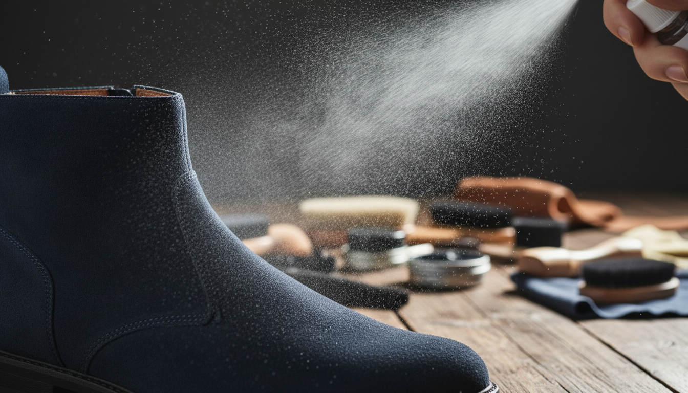 Water being misted onto a blue suede Chelsea boot using a small spray bottle