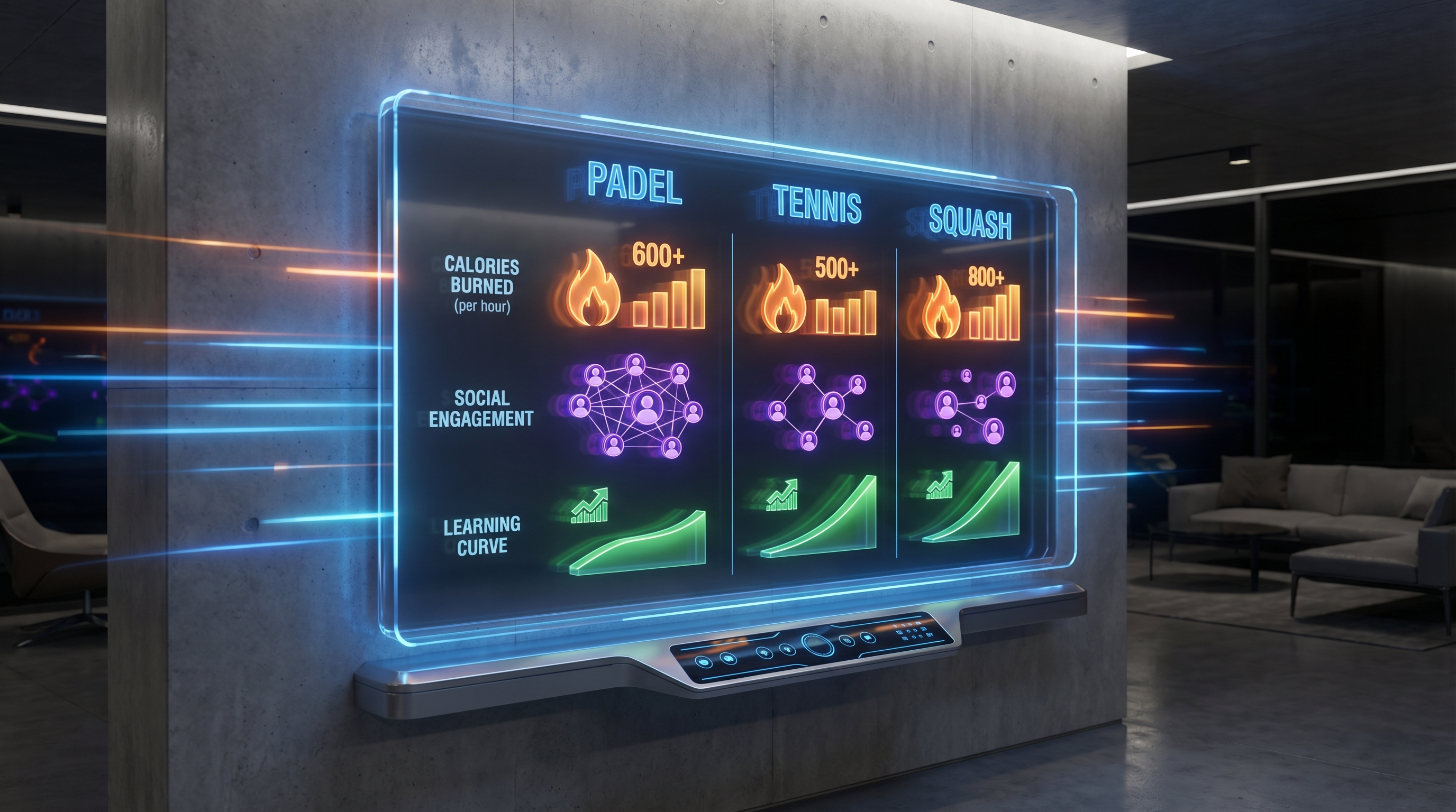 High-tech infographic comparing calories, social engagement, and learning curves