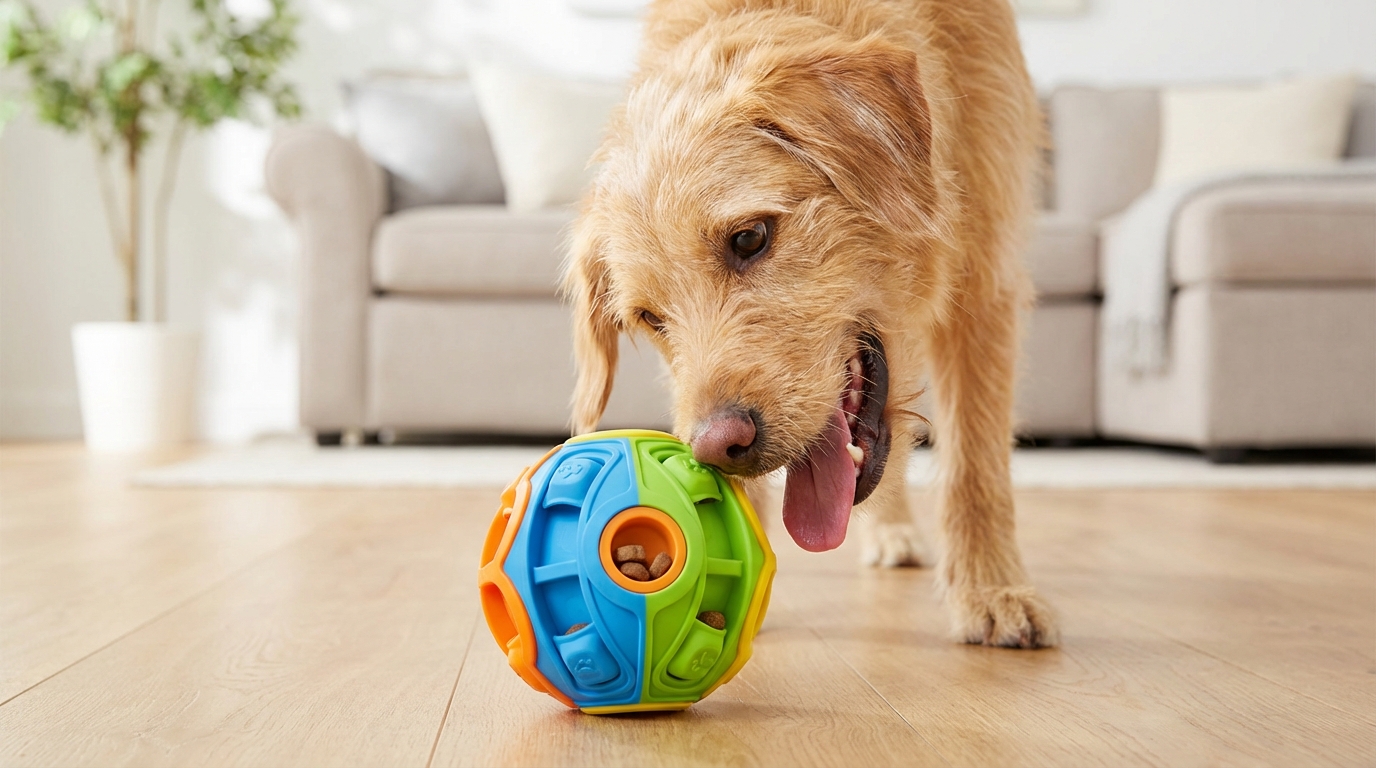 happy dog puzzle toy closeup