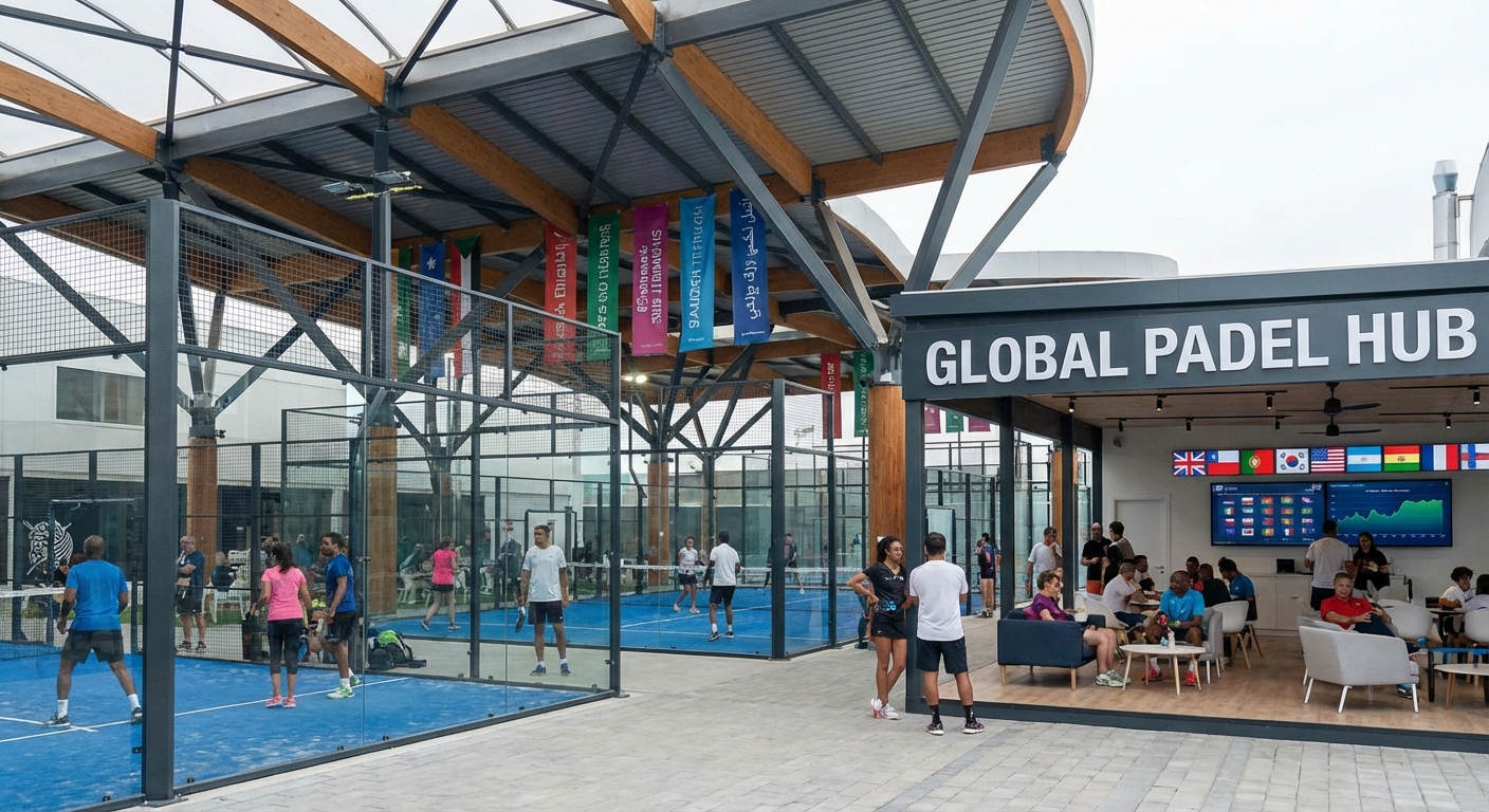 A vibrant outdoor padel club at dusk with multiple blue courts filled with diverse players and a modern glass-walled clubhouse