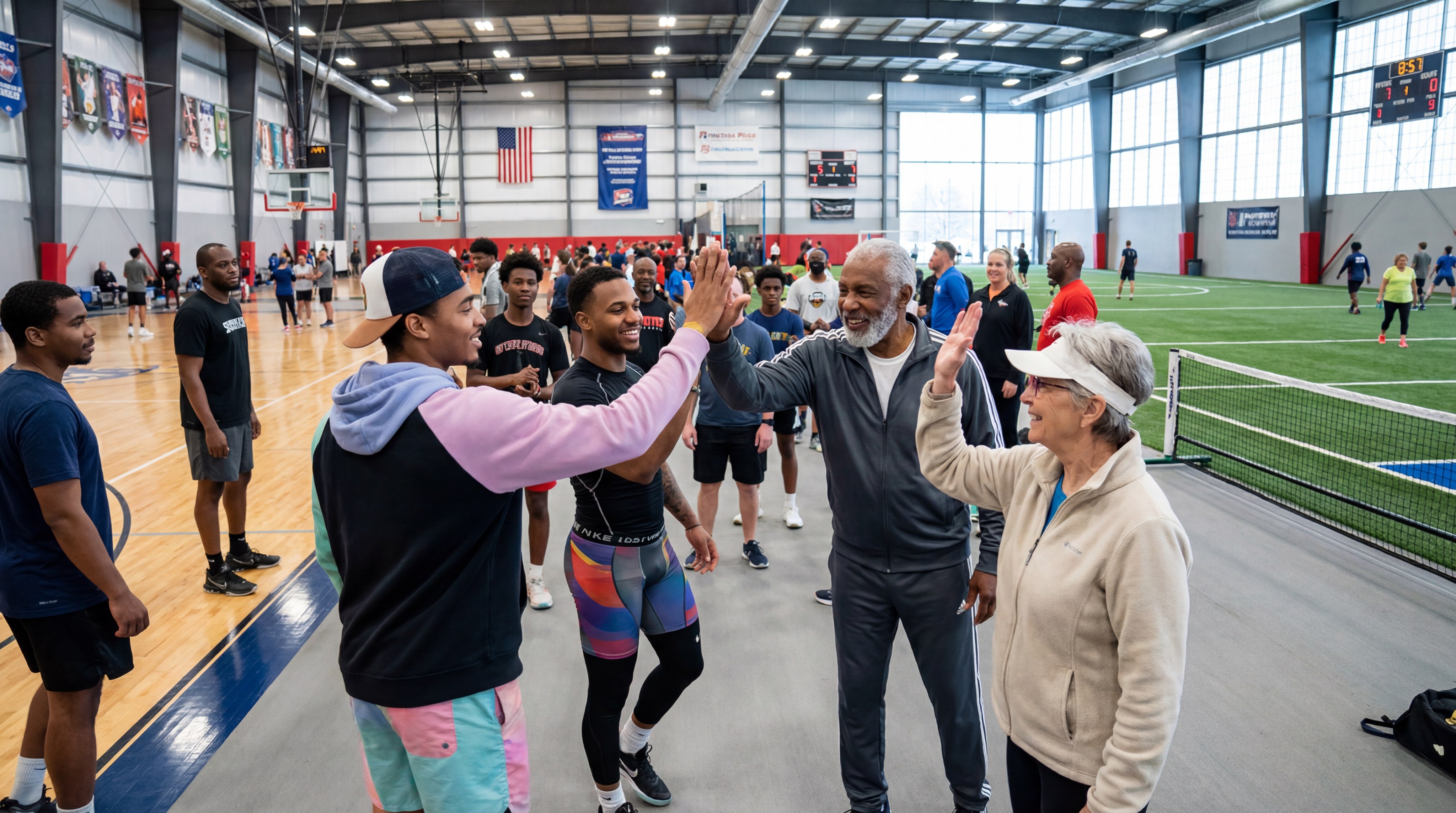 A diverse group of young professionals and active seniors laughing together while holding both types of rackets.