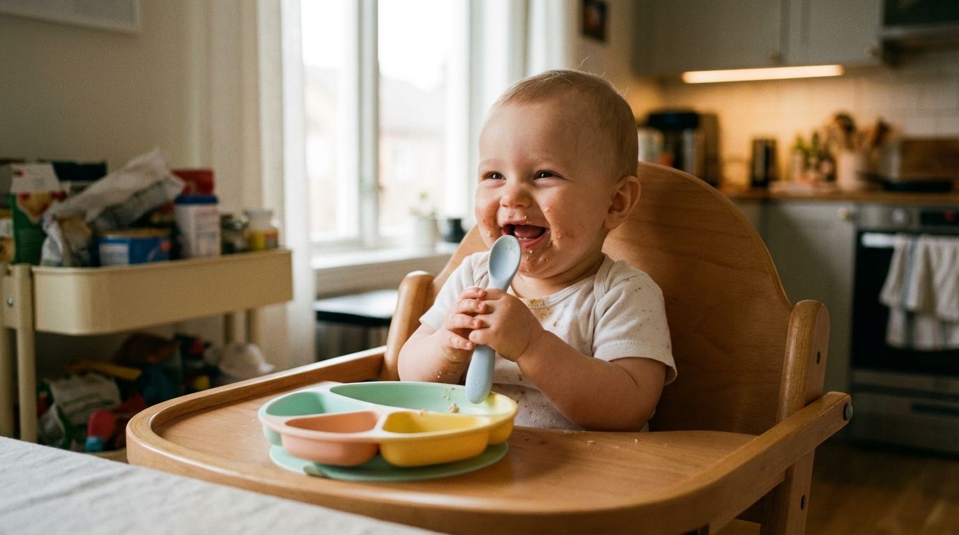 Safe Baby Chewing on Pastel Silicone Spoon in Nursery