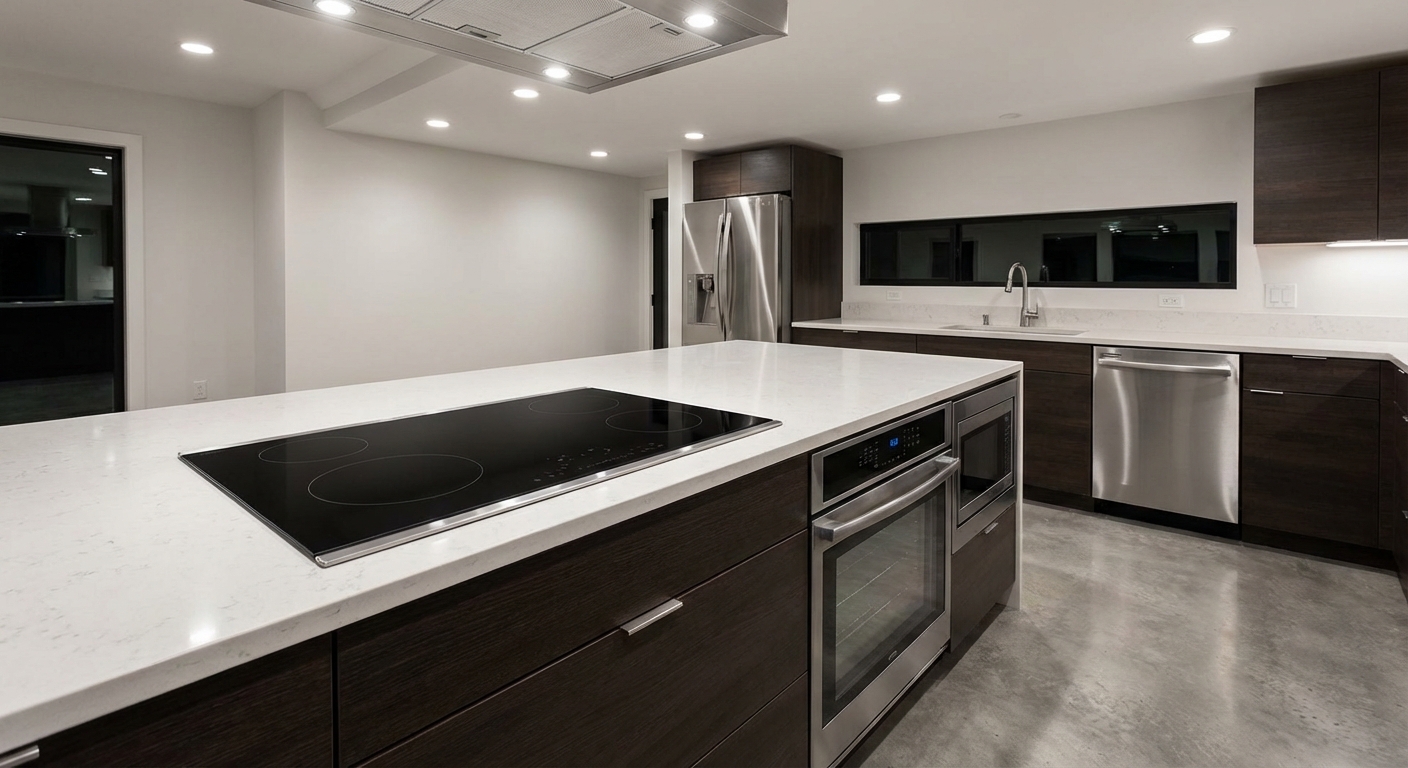 A modern kitchen featuring a glass-top stove and a built-in oven with a glass door.