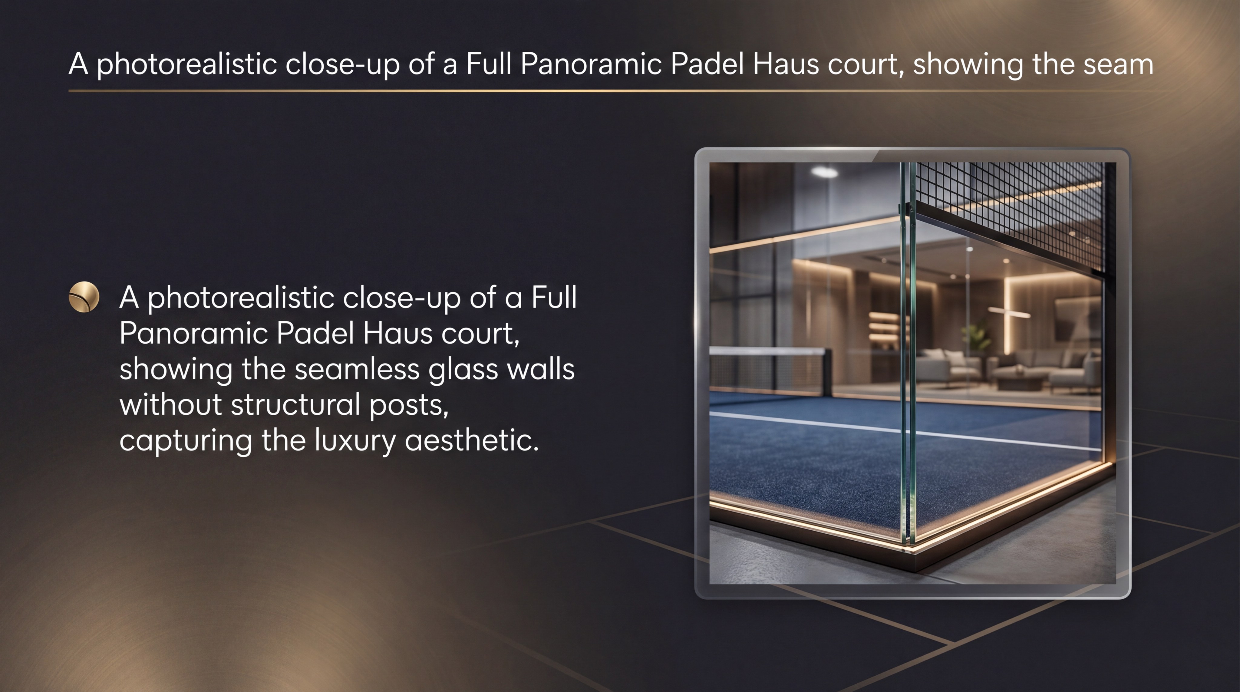 A photorealistic close-up of a Full Panoramic Padel Haus court