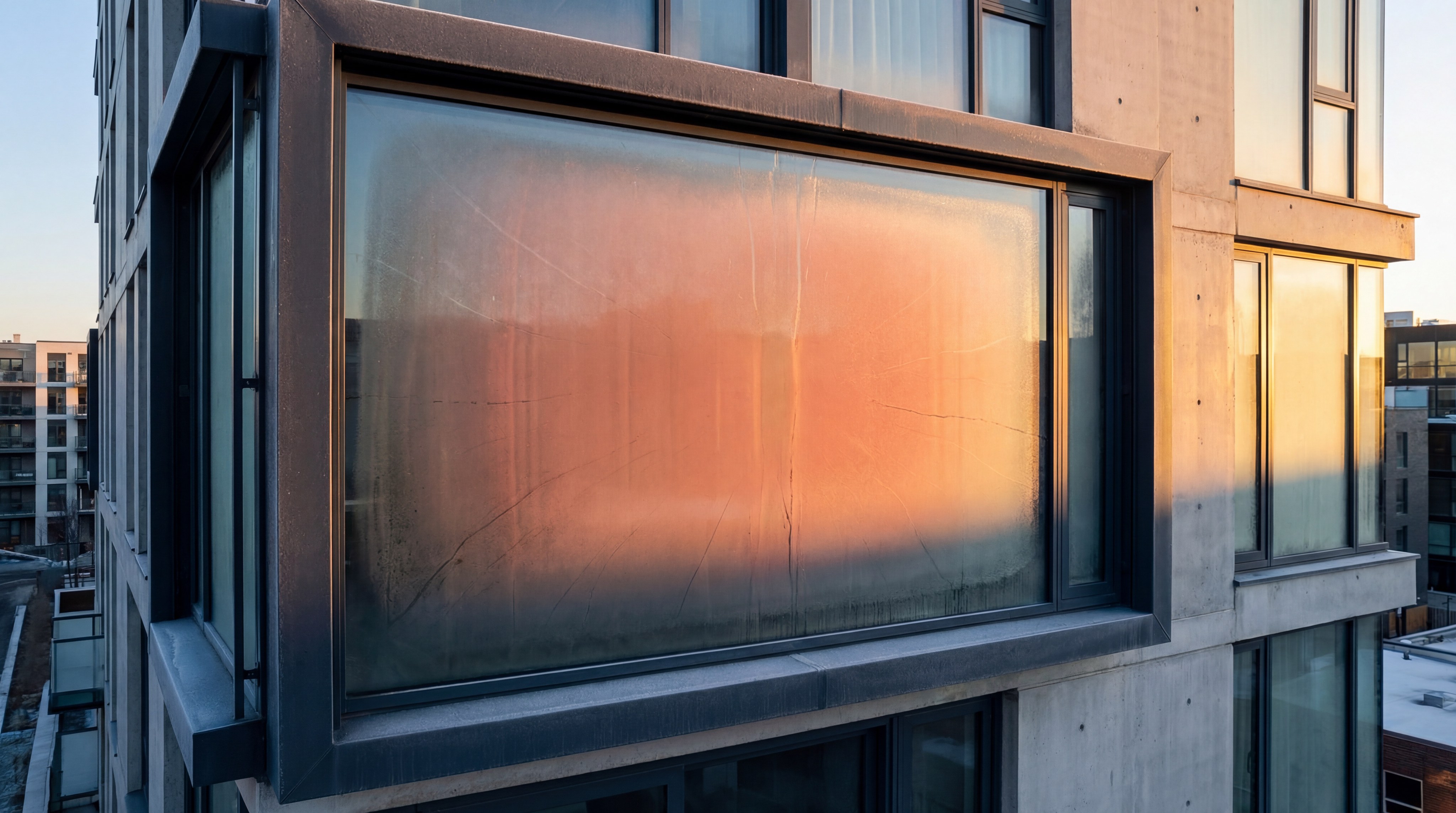 Architectural glass showing thermal stress patterns