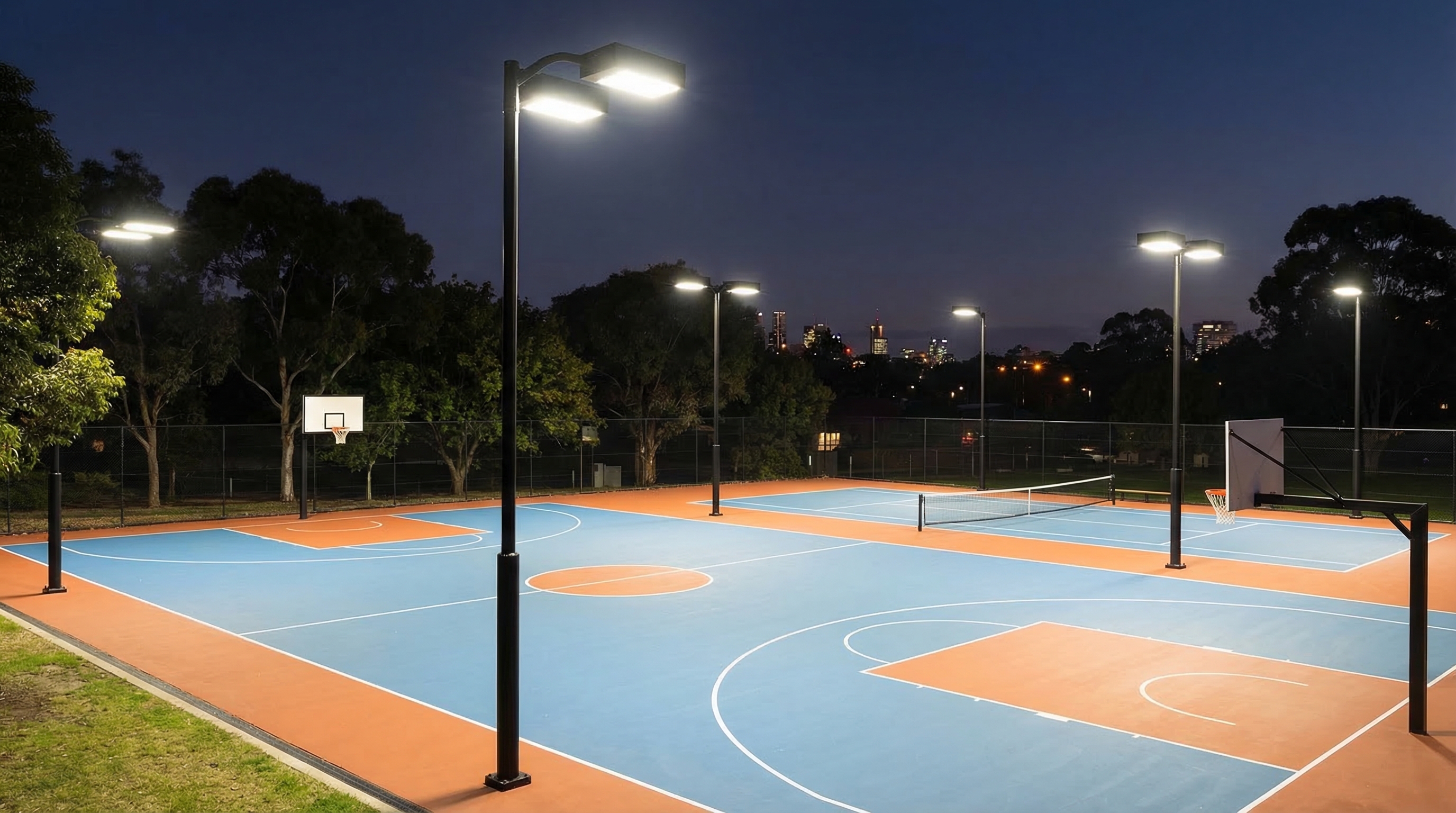 Illuminated sports court with modern LED lighting at night