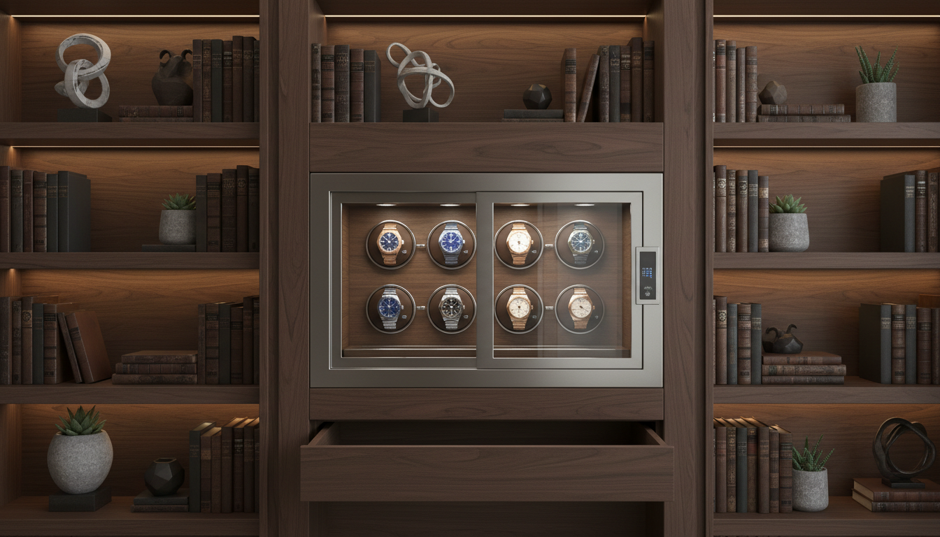 Elegant watch winder safe on a bookshelf