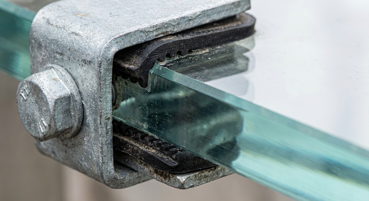 macro shot galvanized steel glass connection