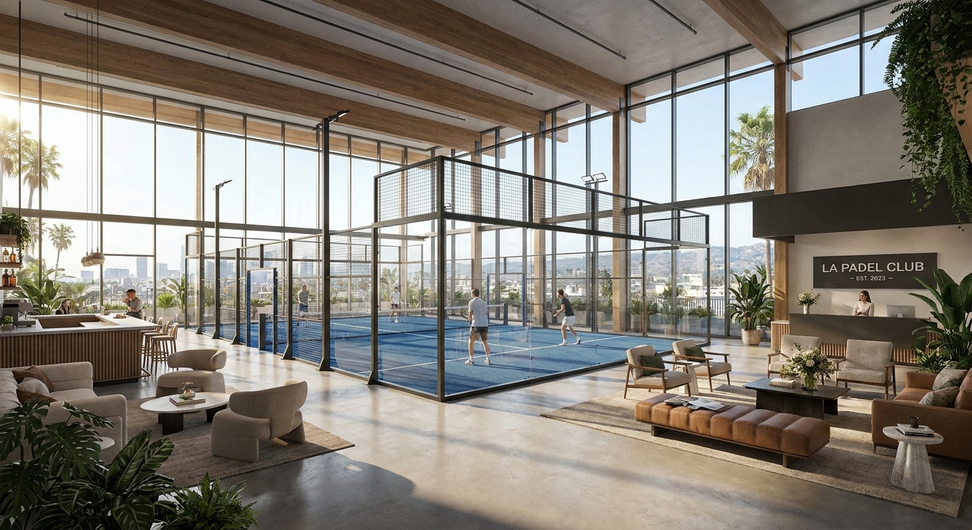 An ultra-modern, glass-walled padel court inside a luxury Los Angeles sports club with high ceilings and integrated lounge areas.