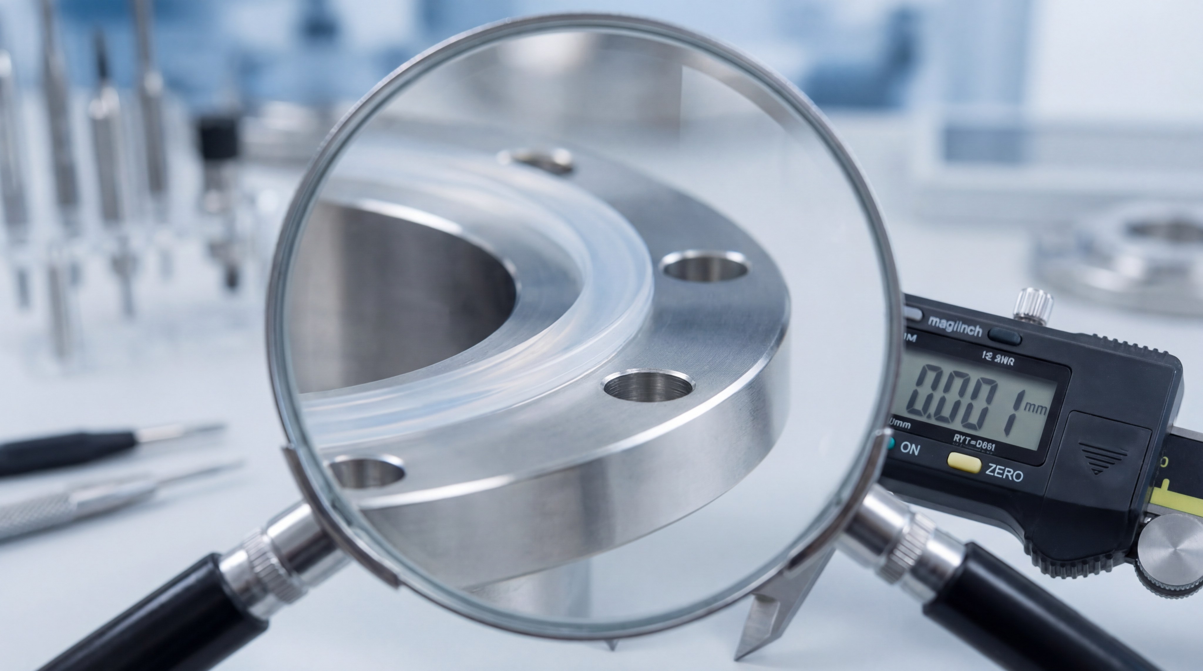 A macro view of silicone bonded to a stainless steel flange, showing the high-precision seal and measuring equipment in the background.