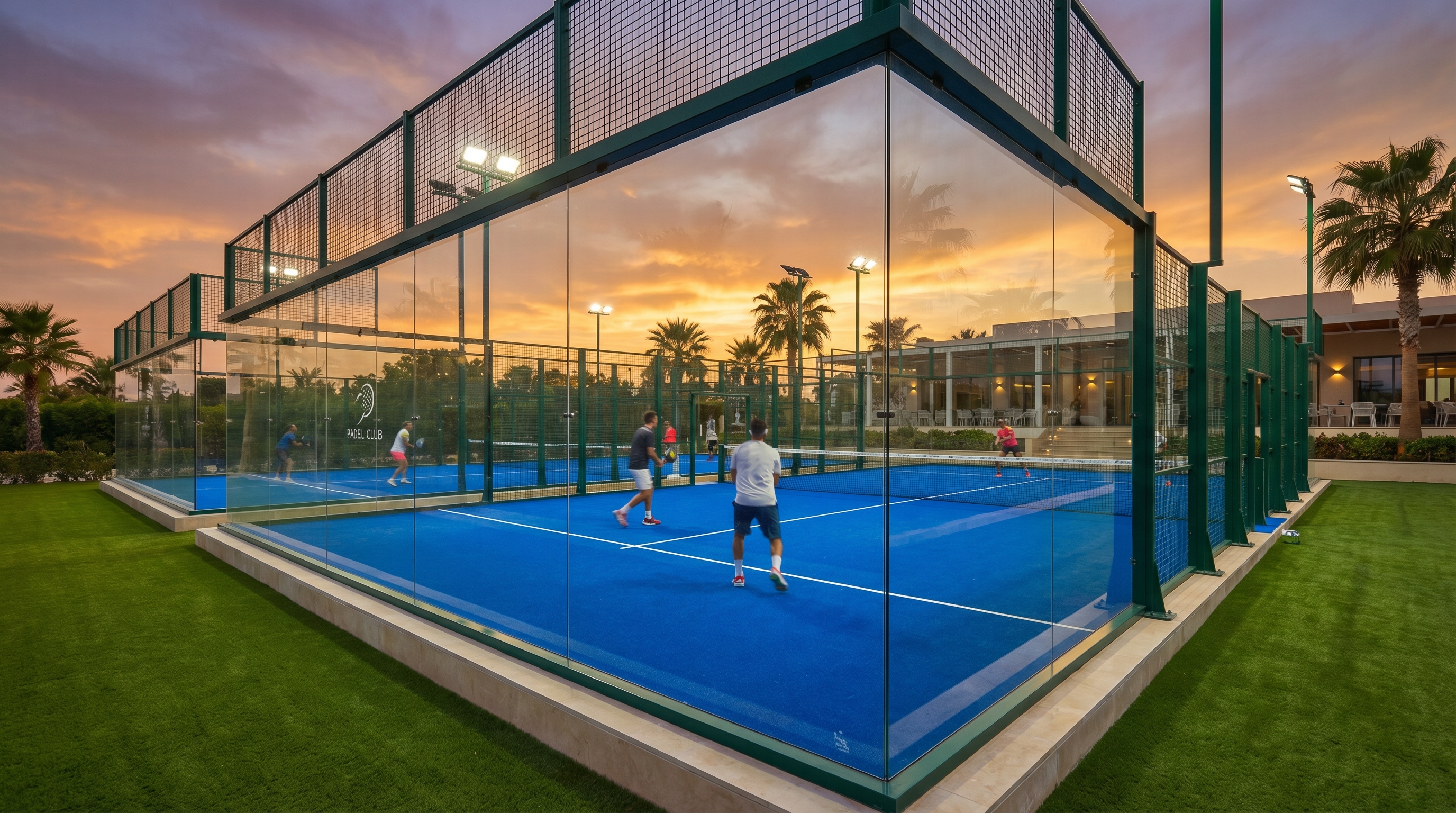 Modern padel court at sunset