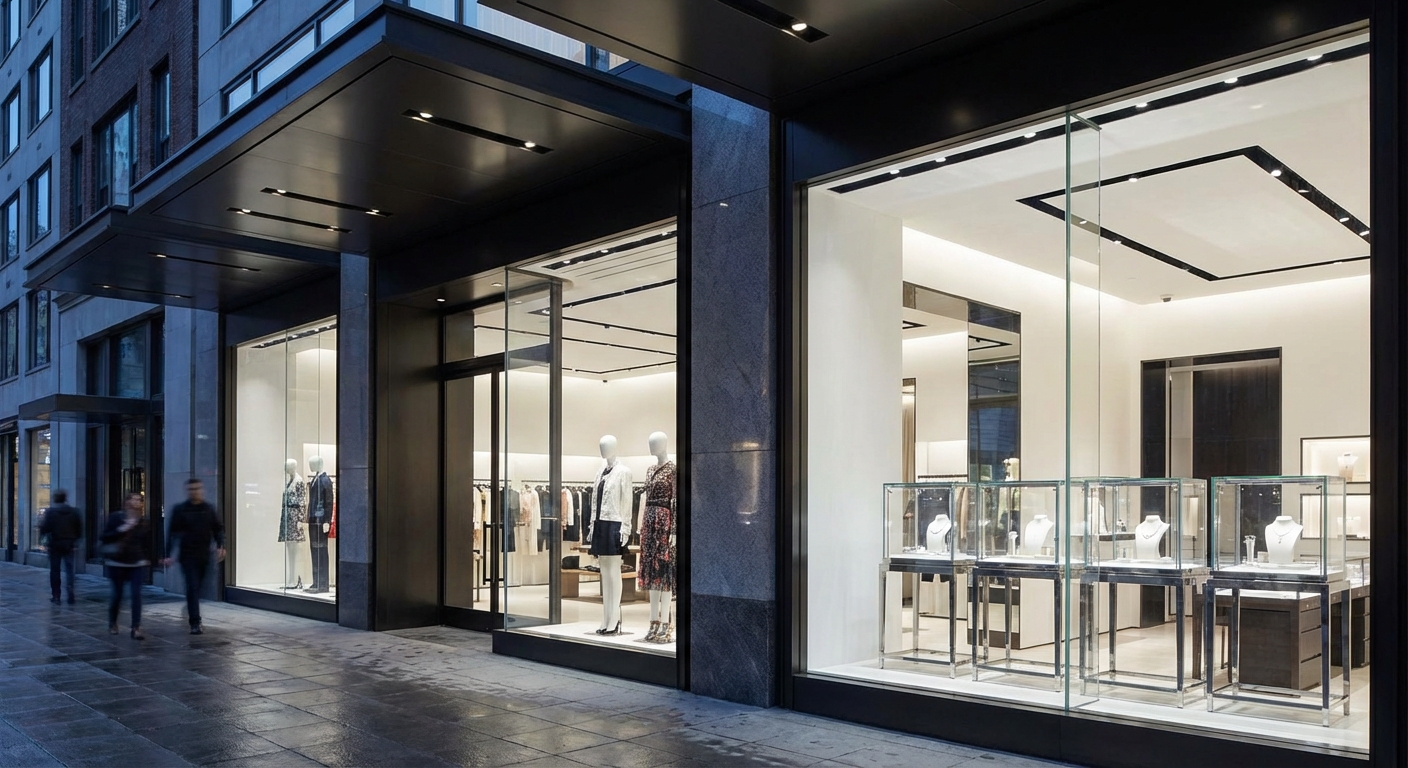 Photorealistic luxury retail storefront featuring low-iron glass display cases and a crystal-clear frameless entrance