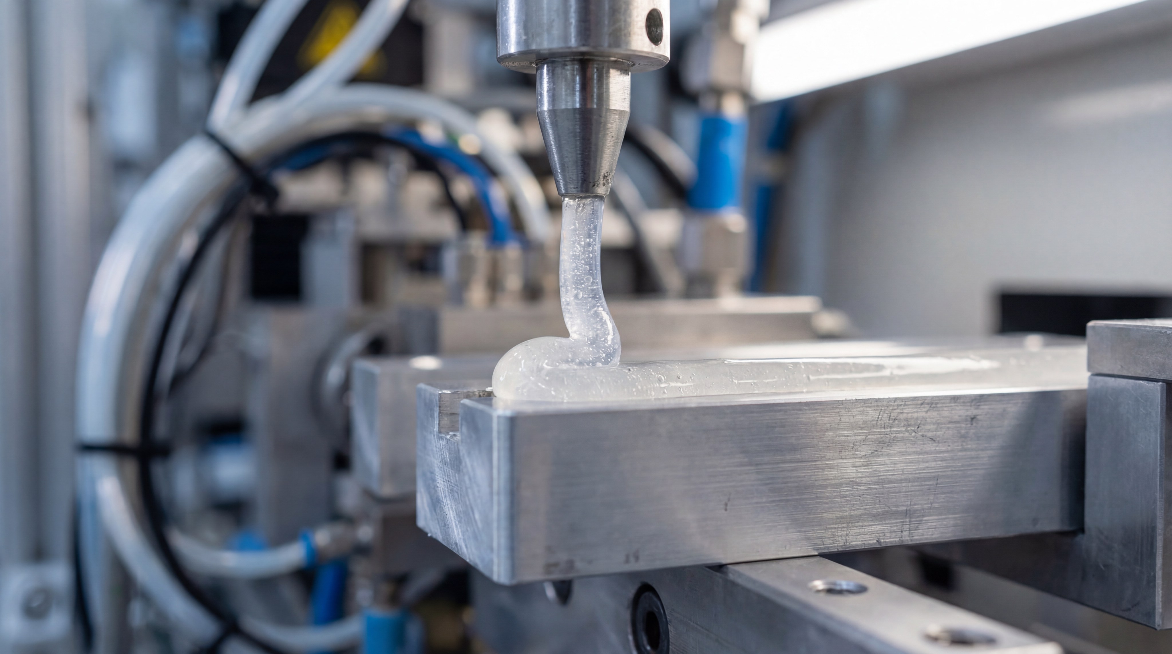 Macro view of translucent liquid silicone rubber being injected into a high-precision metal mold.