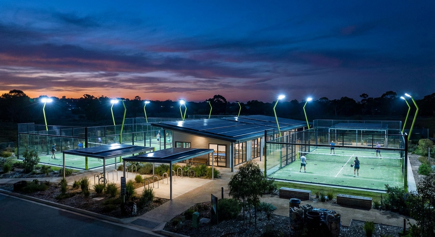 A modern padel facility with solar panels on the roof and high-efficiency LED lighting poles illuminating the courts at night