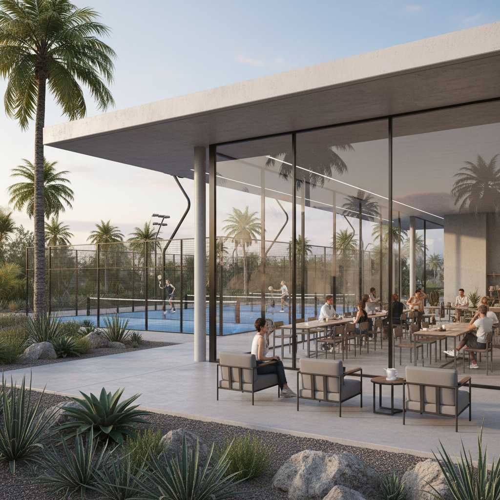 A photorealistic visualization of a modern padel haus clubhouse