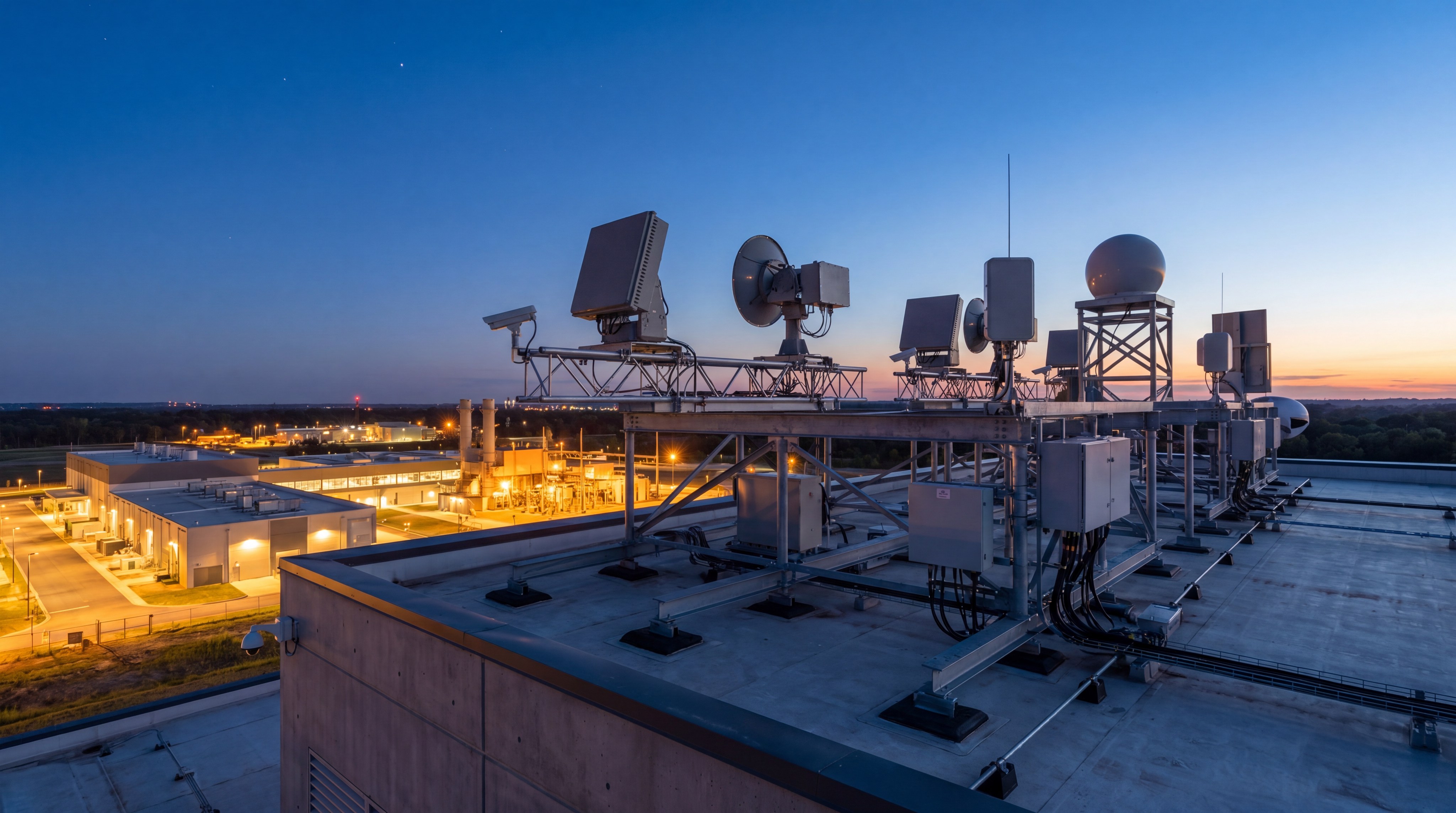 Modern Counter-UAS radar and sensor installation on a facility rooftop monitoring the horizon at dusk.