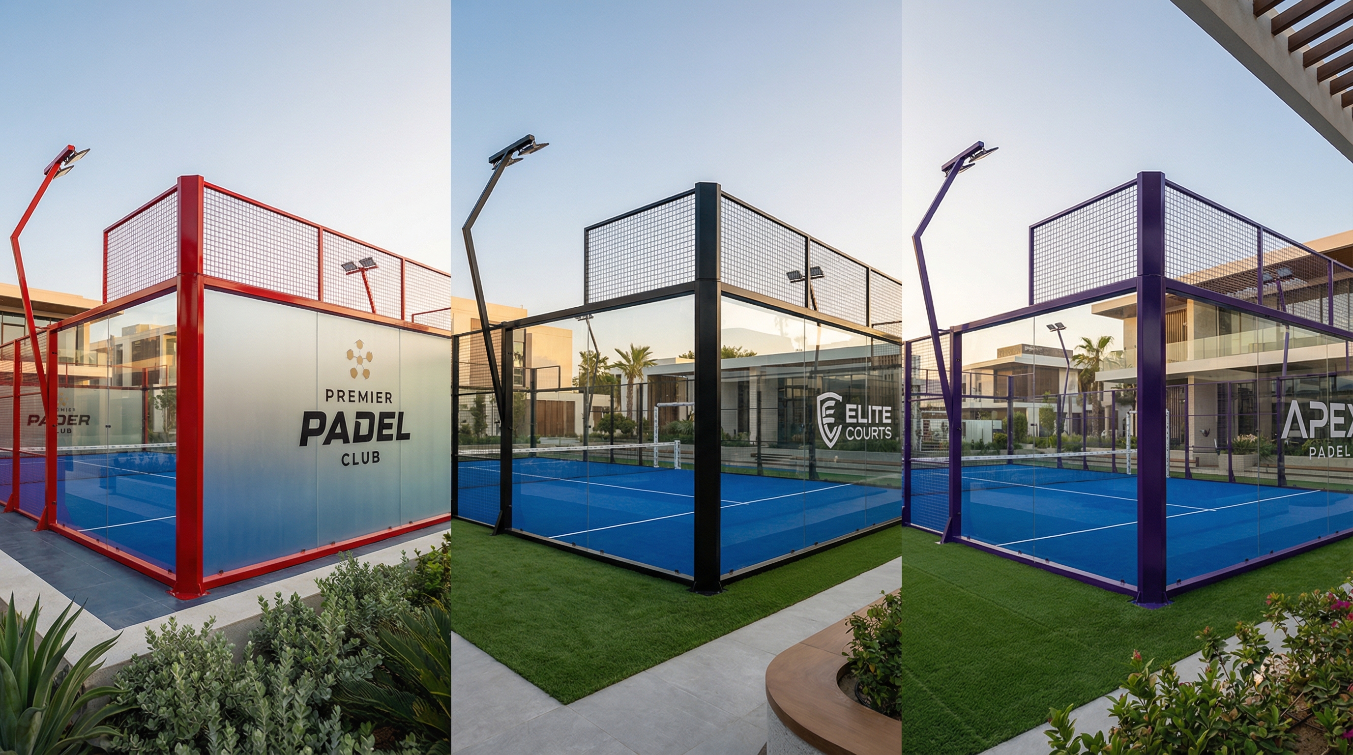 Photorealistic image of a luxury padel court with custom black matte frames and a gold-colored logo integrated into the artificial turf.