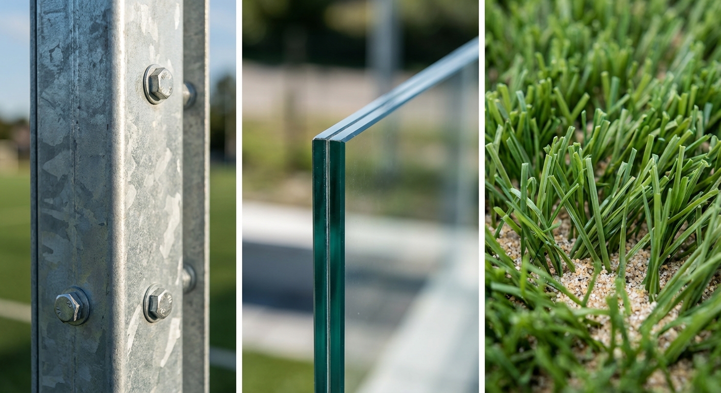 A macro split-screen showing high-quality galvanized steel bolts, a cross-section of 12mm tempered safety glass, and high-density blue fibrillated turf