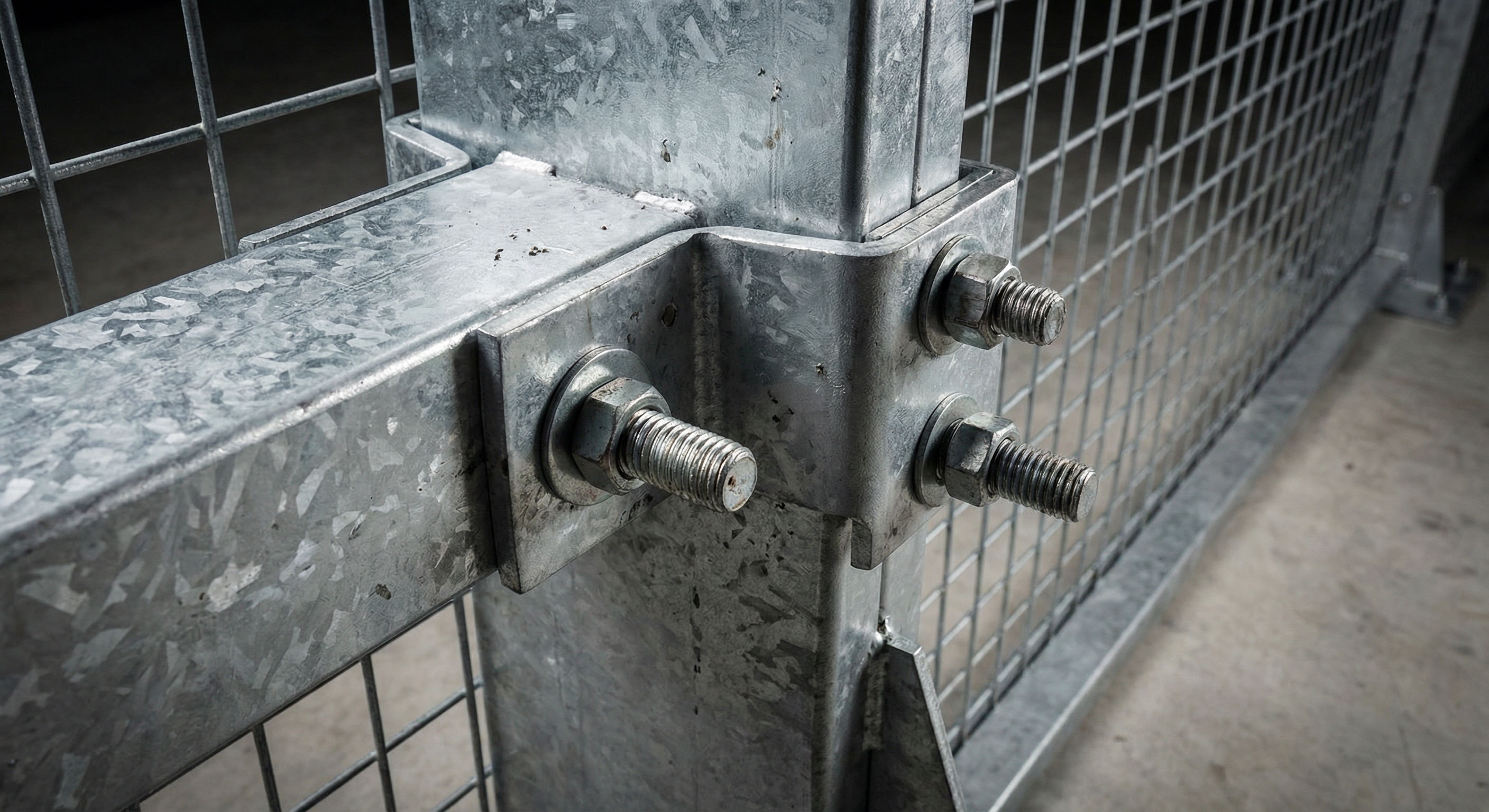 close-up of a hot-dip galvanized steel joint on a padel court