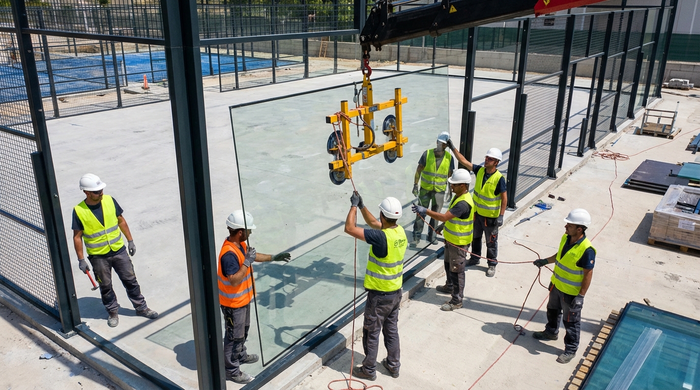 padel court glass panel installation