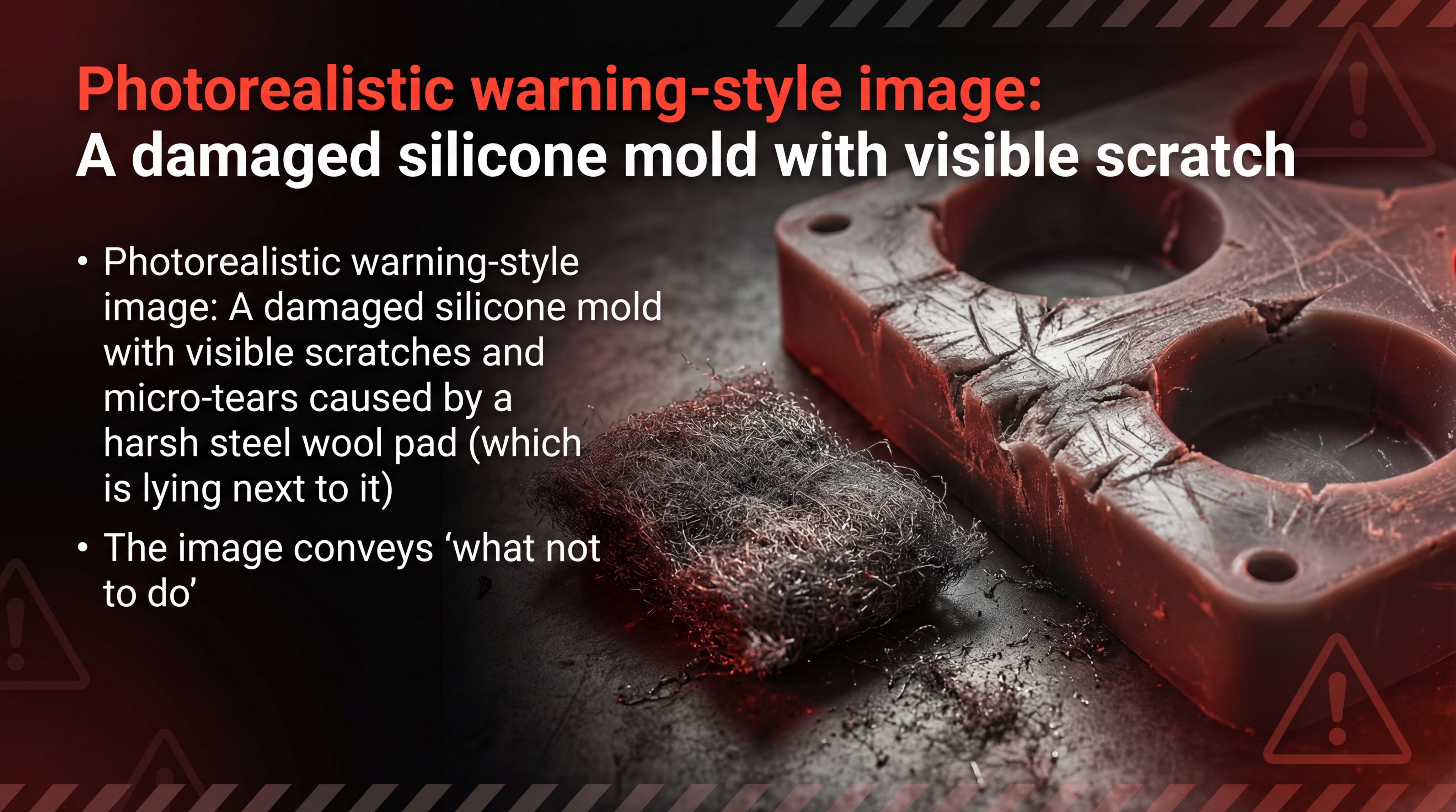 Photorealistic warning-style image: a damaged silicone mold with visible scratches and micro-tears caused by a harsh steel wool pad (which is lying next to it)