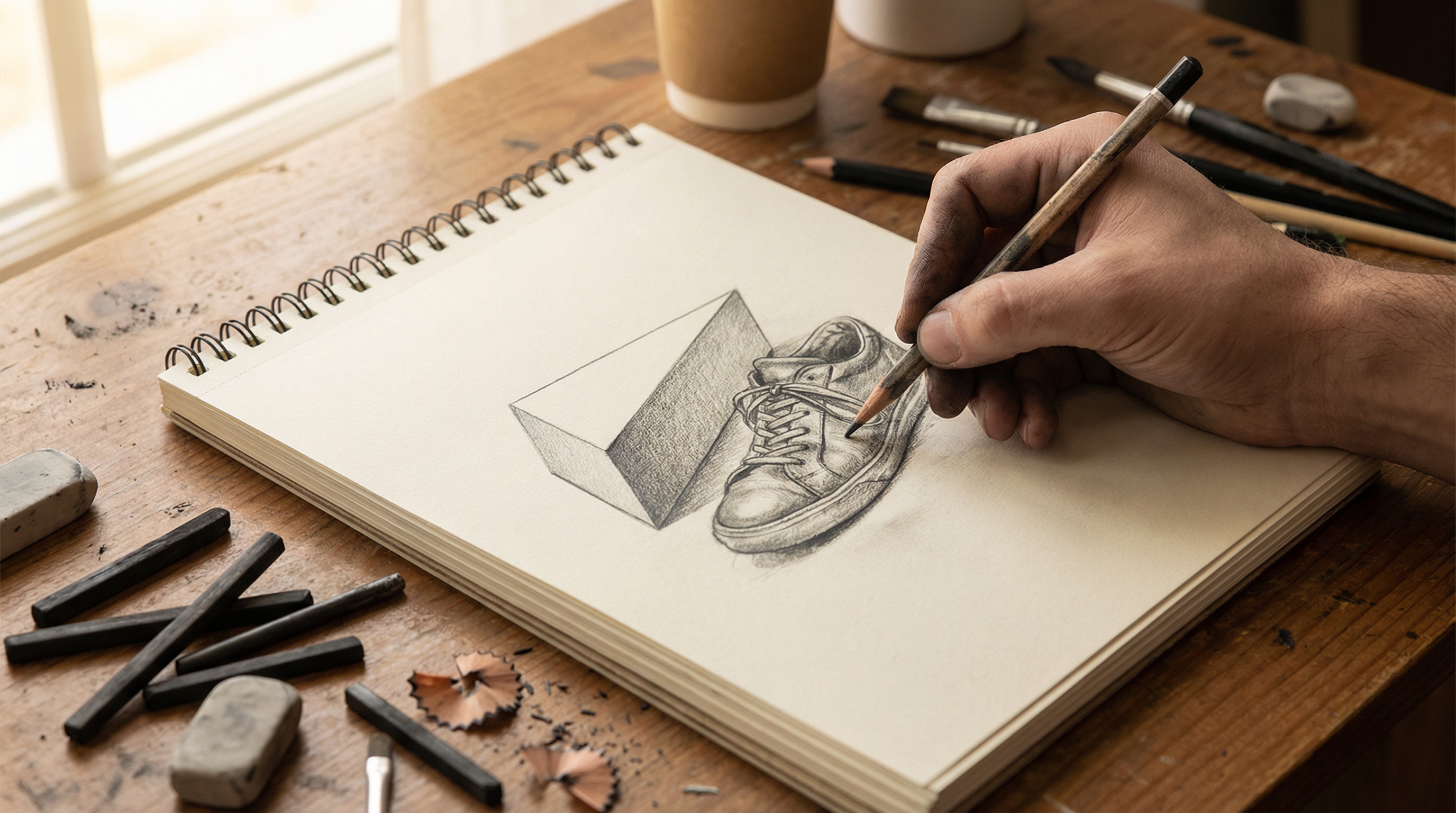 An artist sketching a sneaker design starting from a geometric wedge shape on a wooden desk