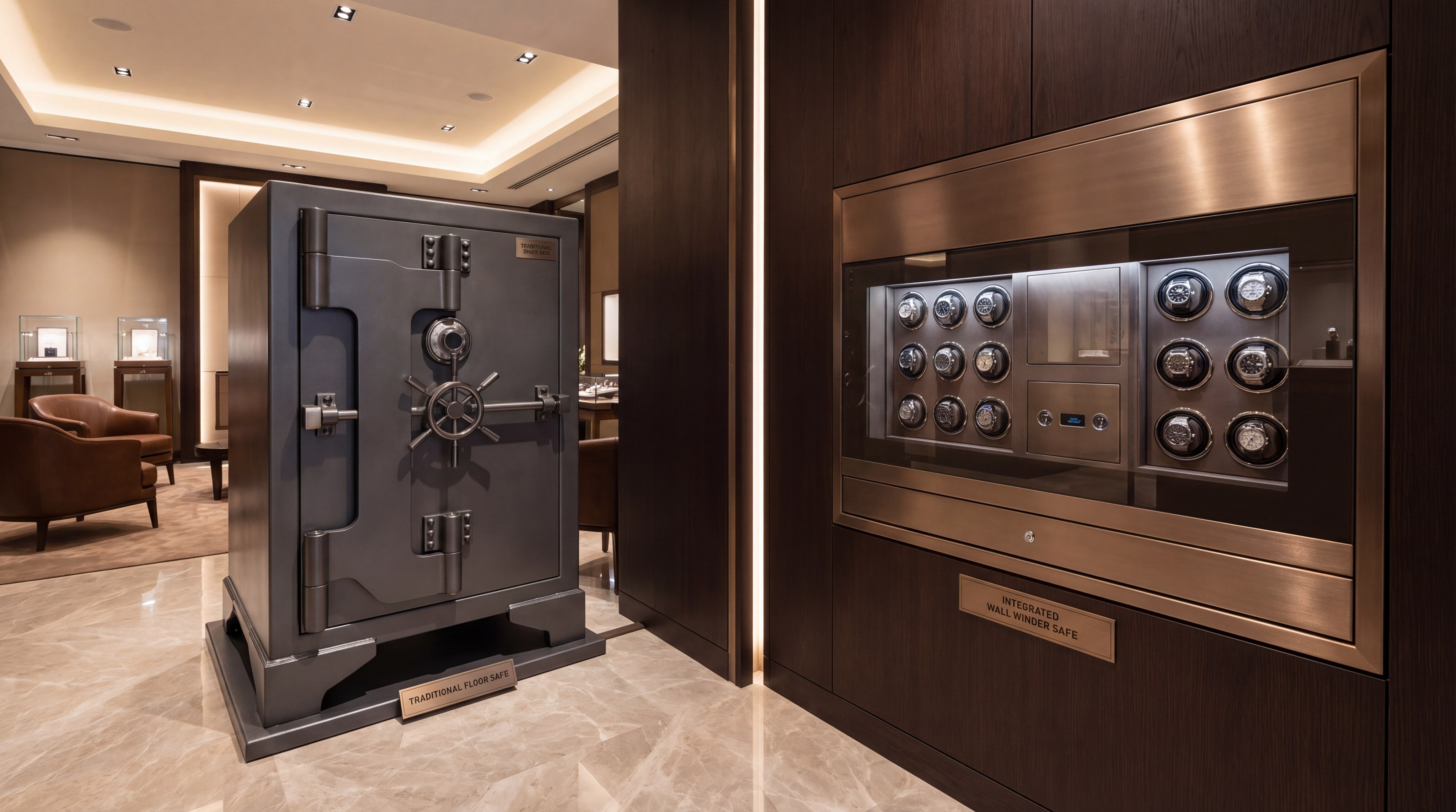 Side-by-side comparison in a luxury showroom showing a heavy floor safe next to a sleek wall safe.