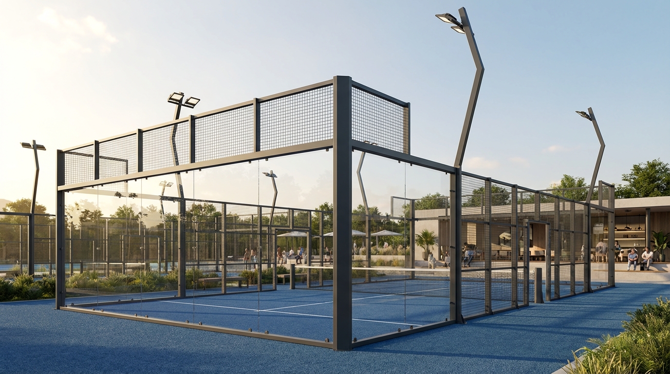 A photorealistic 3D architectural render of a padel board structure highlighting the modular frame.