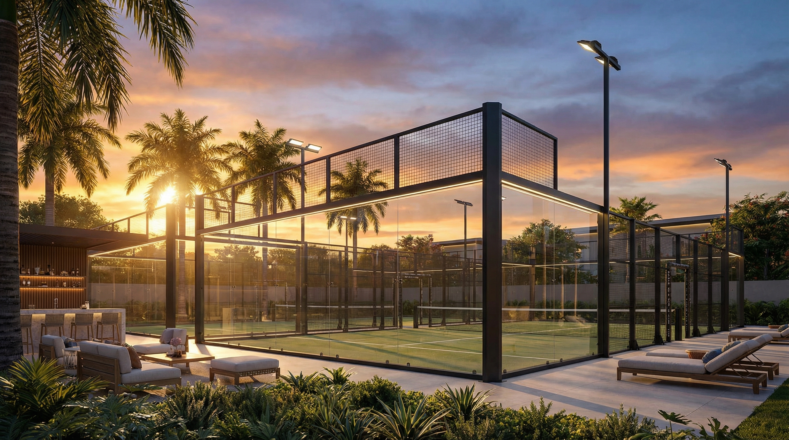 luxury padel facility sunset