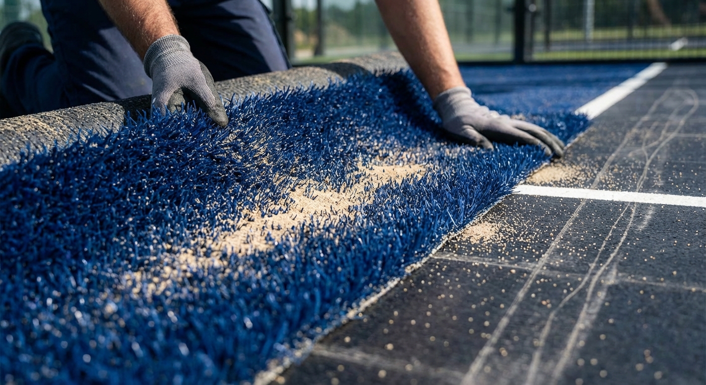blue artificial grass padel court installation