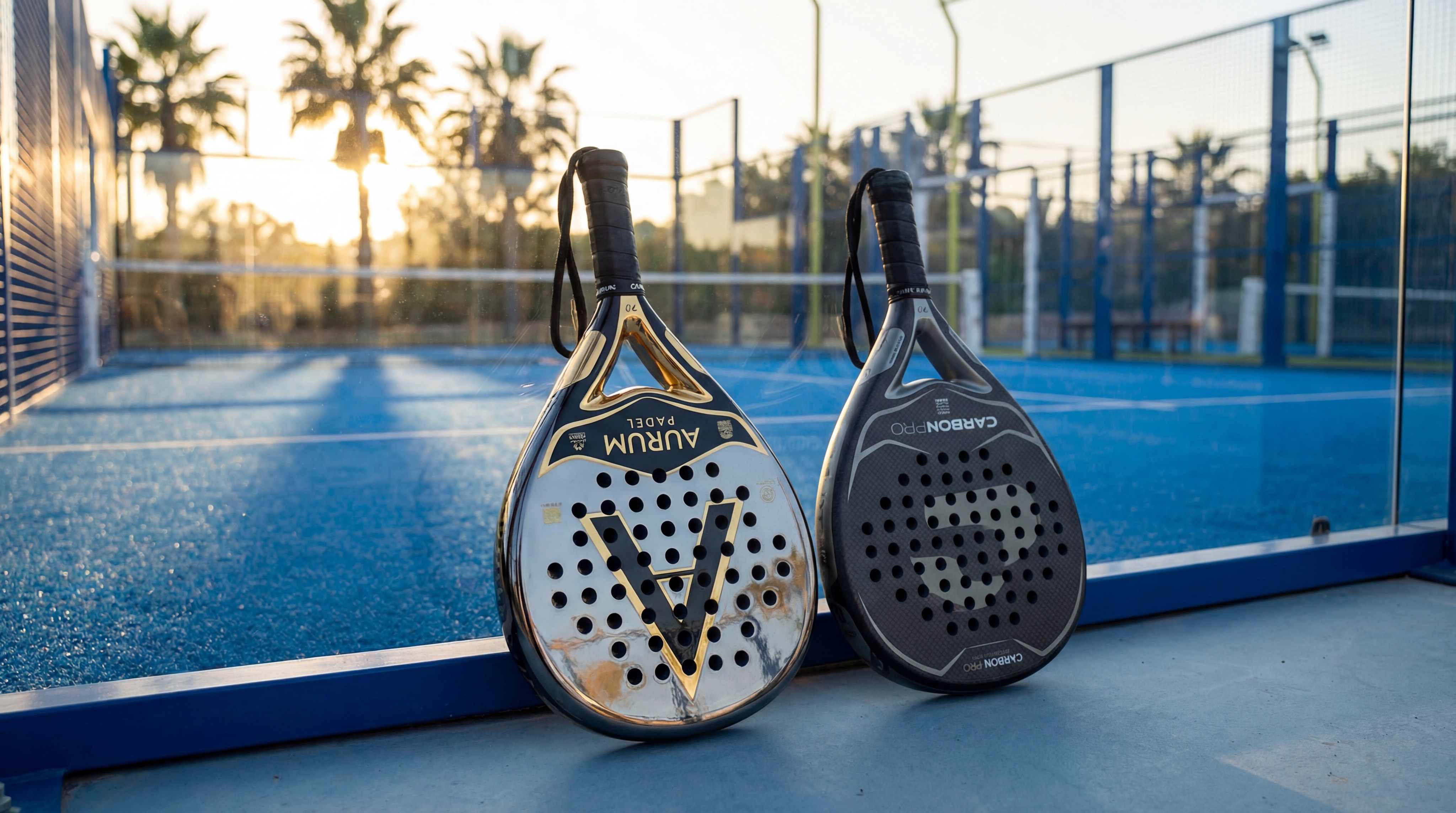 two rackets leaning against a court wall showing matte and glossy finishes