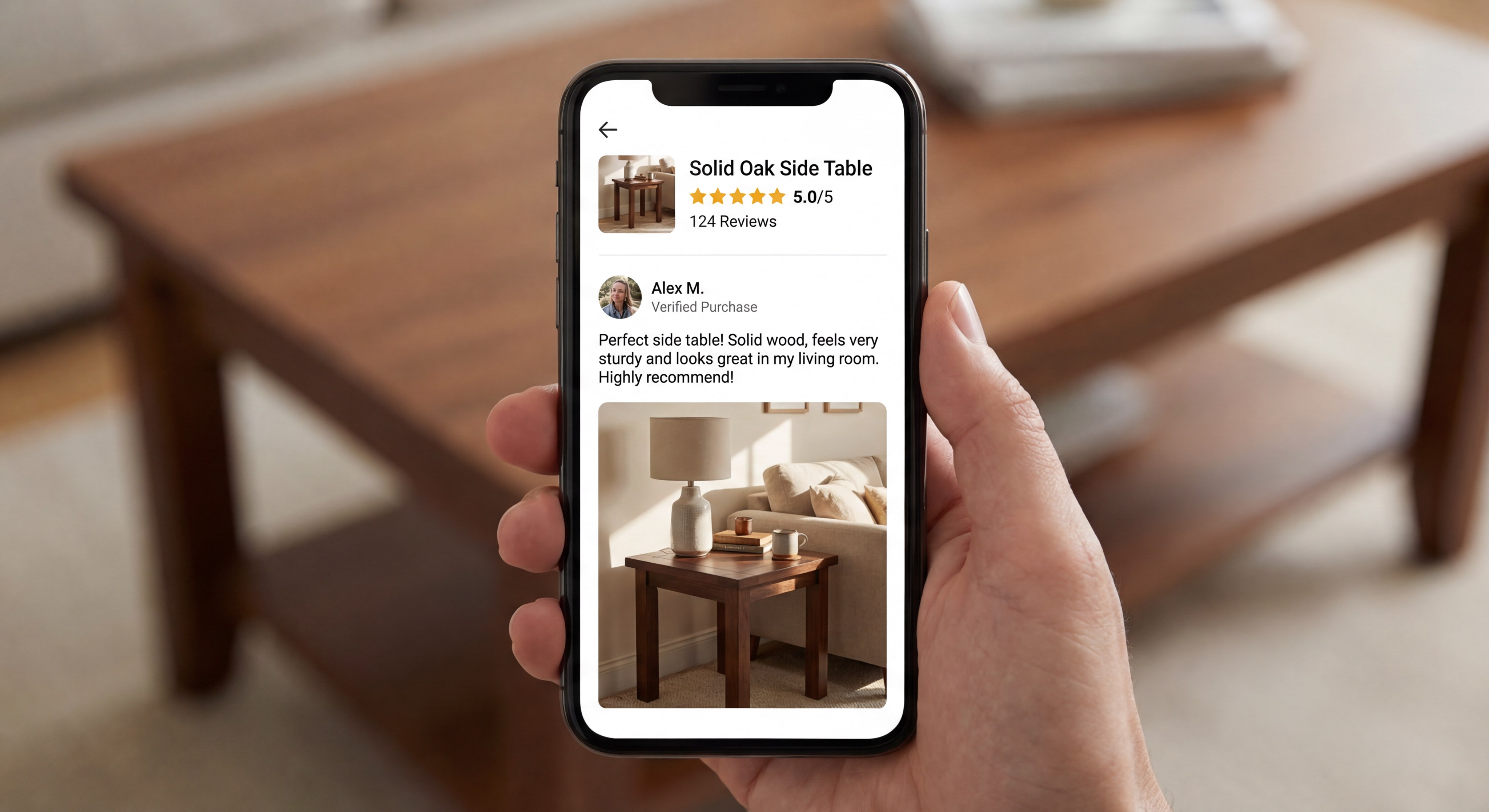 Smartphone screen displaying a five-star furniture review