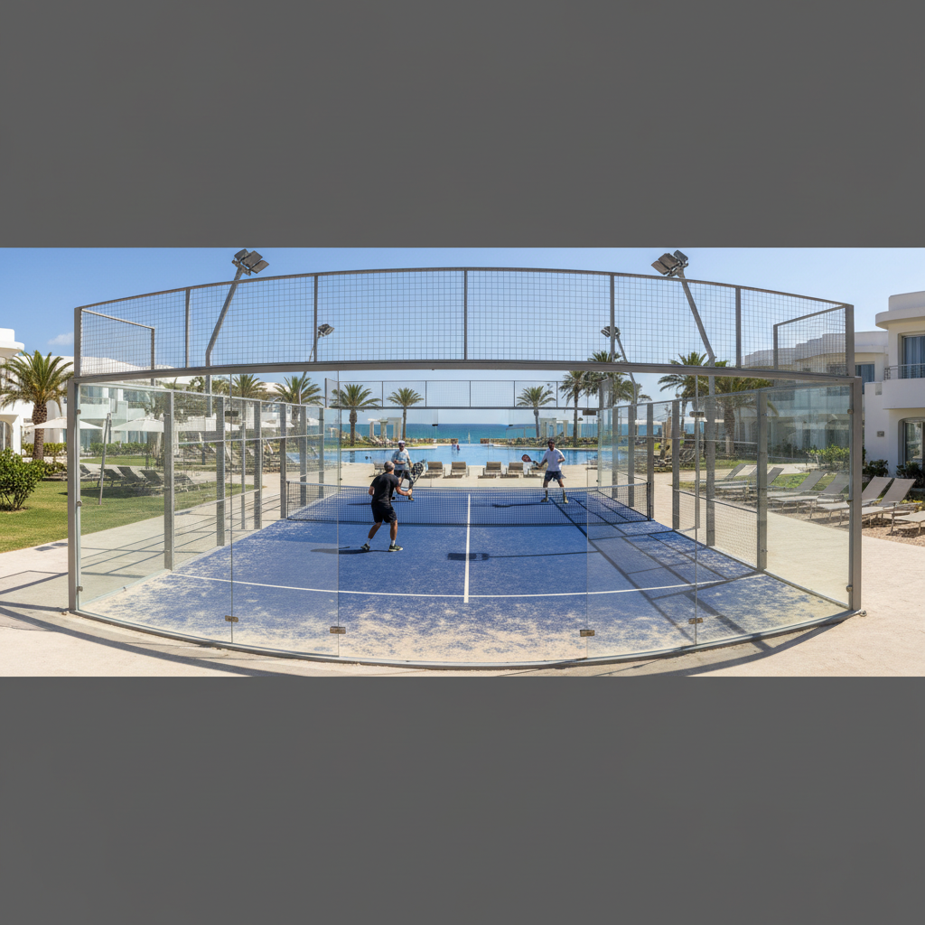 Panoramic padel court at a luxury beach resort with ocean view