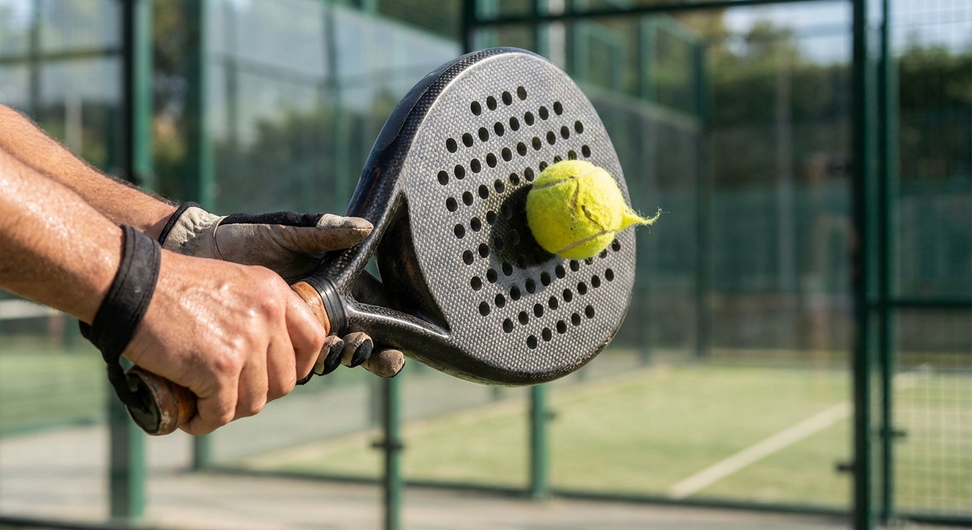 Close-up photorealistic shot of a padel racket making contact with a ball at waist level, focusing on the grip and the ball's compression, outdoor setting.