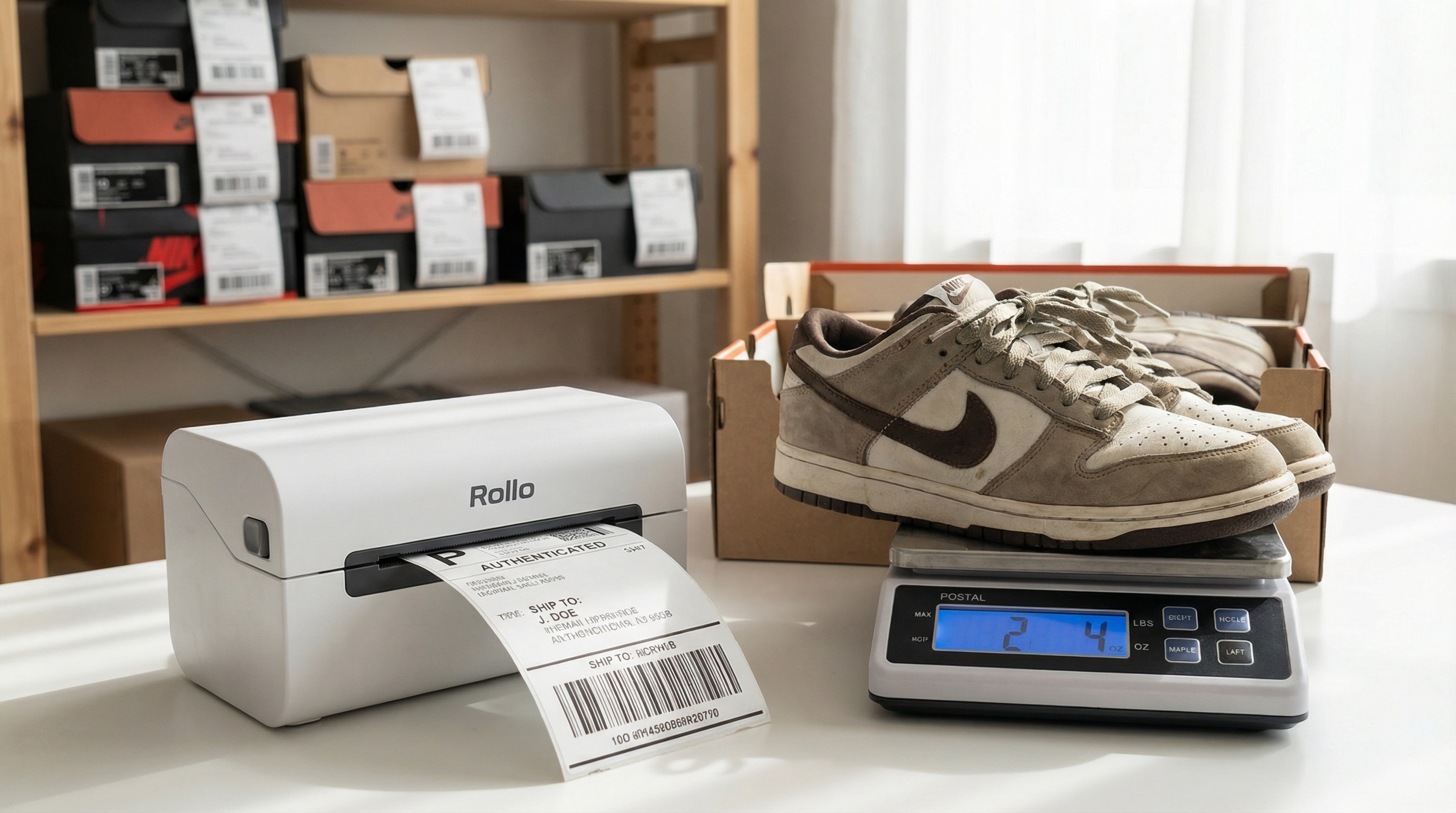 A professional sneaker reseller workstation featuring a thermal printer, digital scale, and organized shipping supplies.