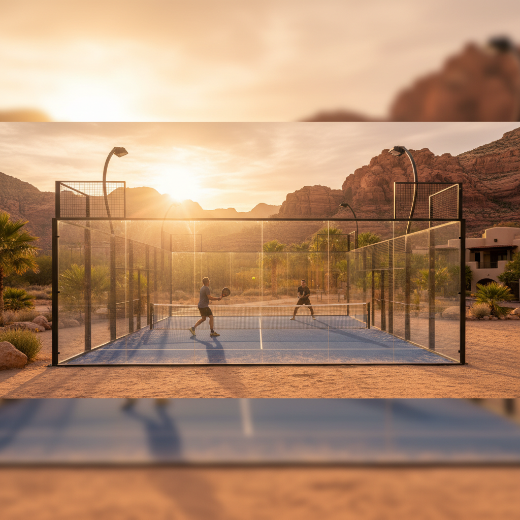 Wide-angle shot of a "Super Panoramic" padel court in a Texas desert resort. The court has no rear pillars, offering a completely transparent view of the red rock landscape behind it.