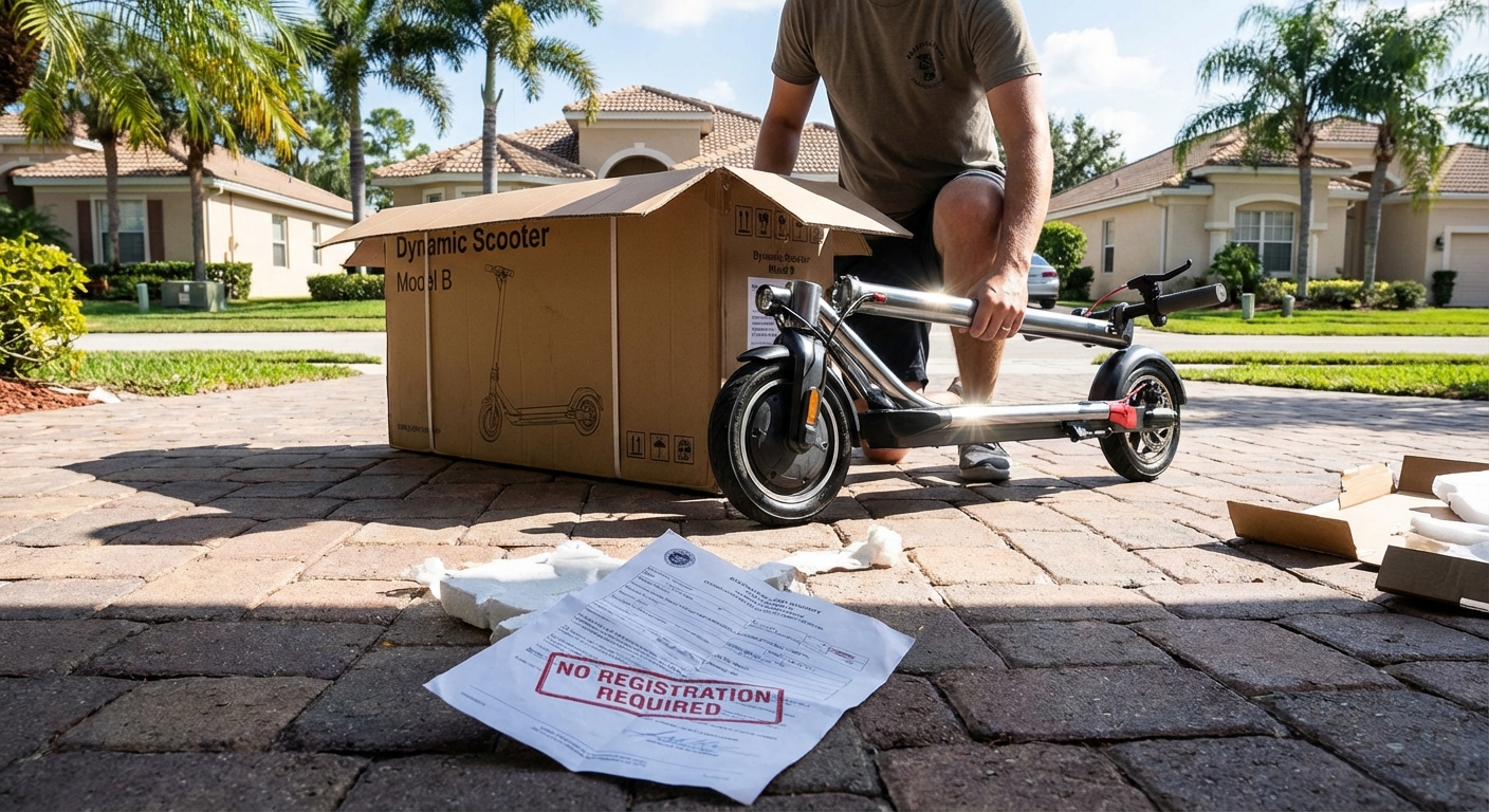 A person unboxing a Dynamic Scooter Model B in a Florida driveway