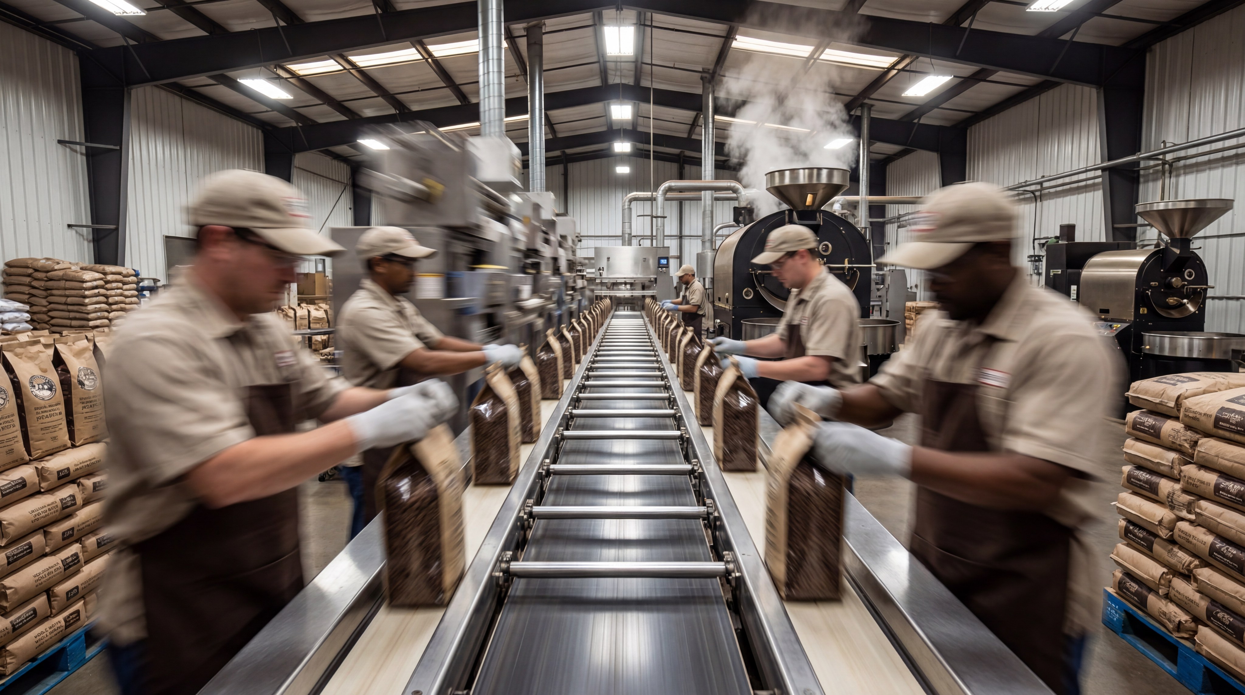A photorealistic close-up of a rotogravure printing cylinder transferring ink onto a continuous roll of coffee packaging film in a factory.