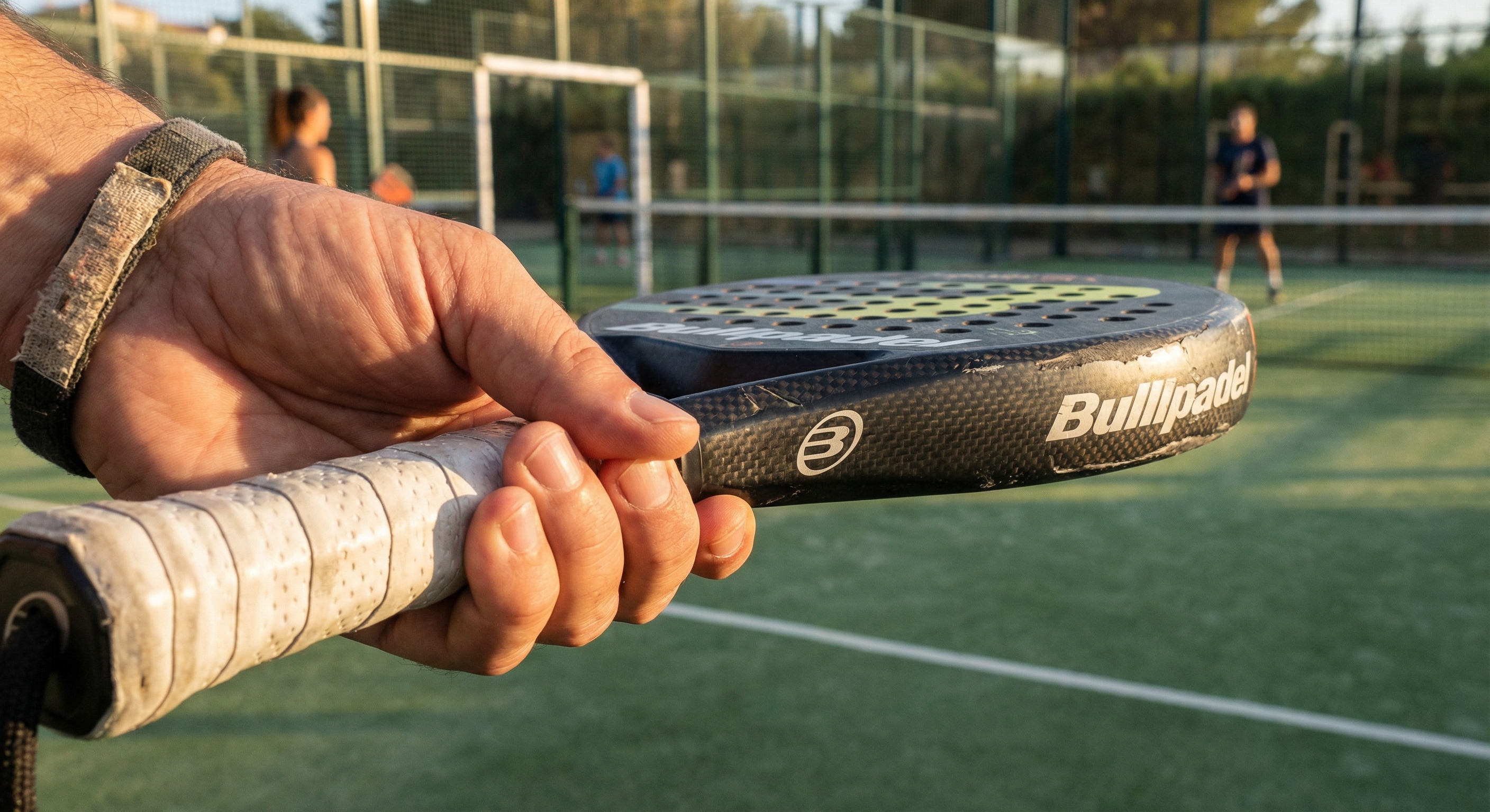 A hand holding a padel racket showing its balanced weight distribution